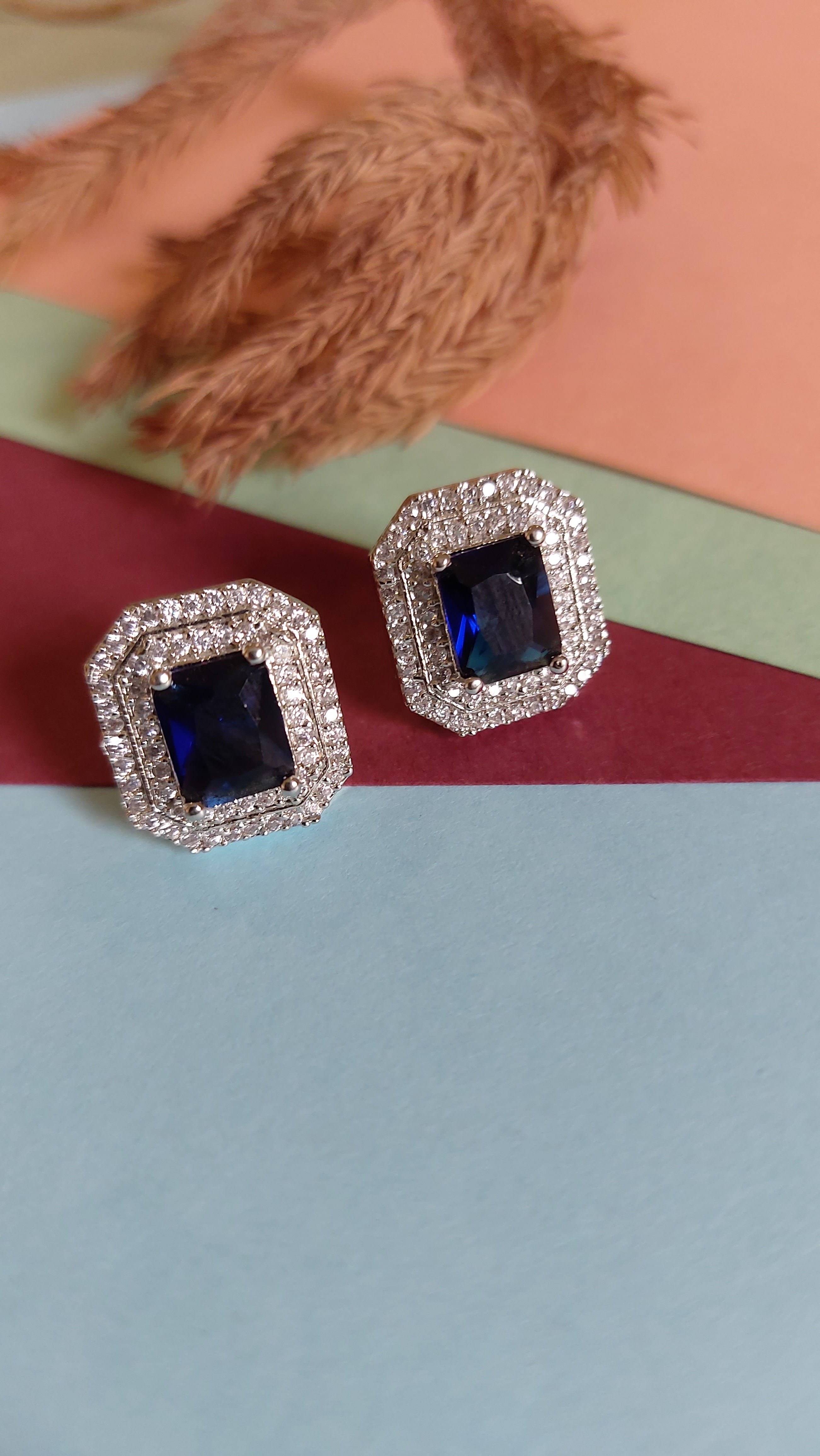 BLUE SAPPHIRE STONE WITH AMERICAN DIAMOND EAR STUDS