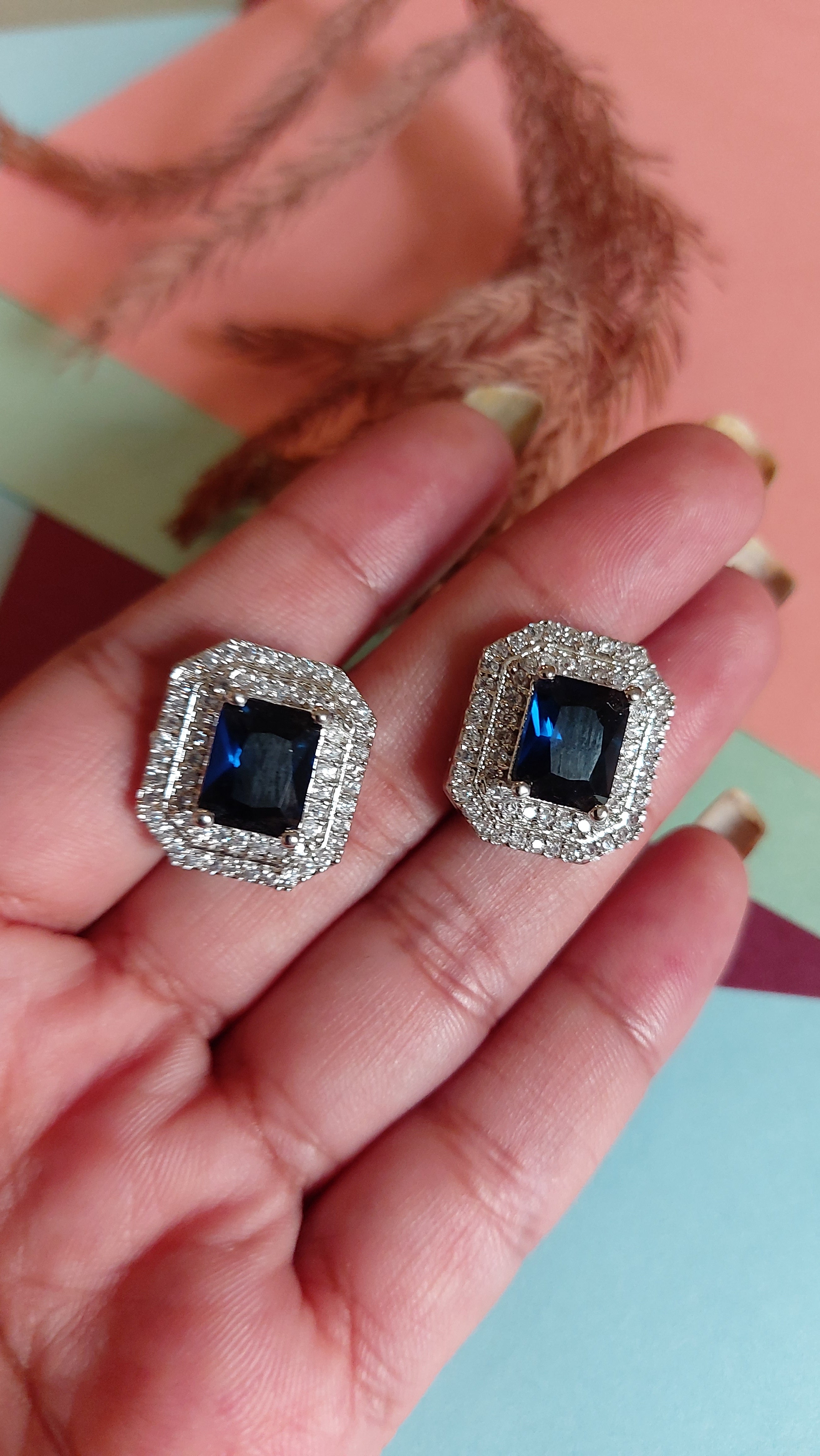 BLUE SAPPHIRE STONE WITH AMERICAN DIAMOND EAR STUDS