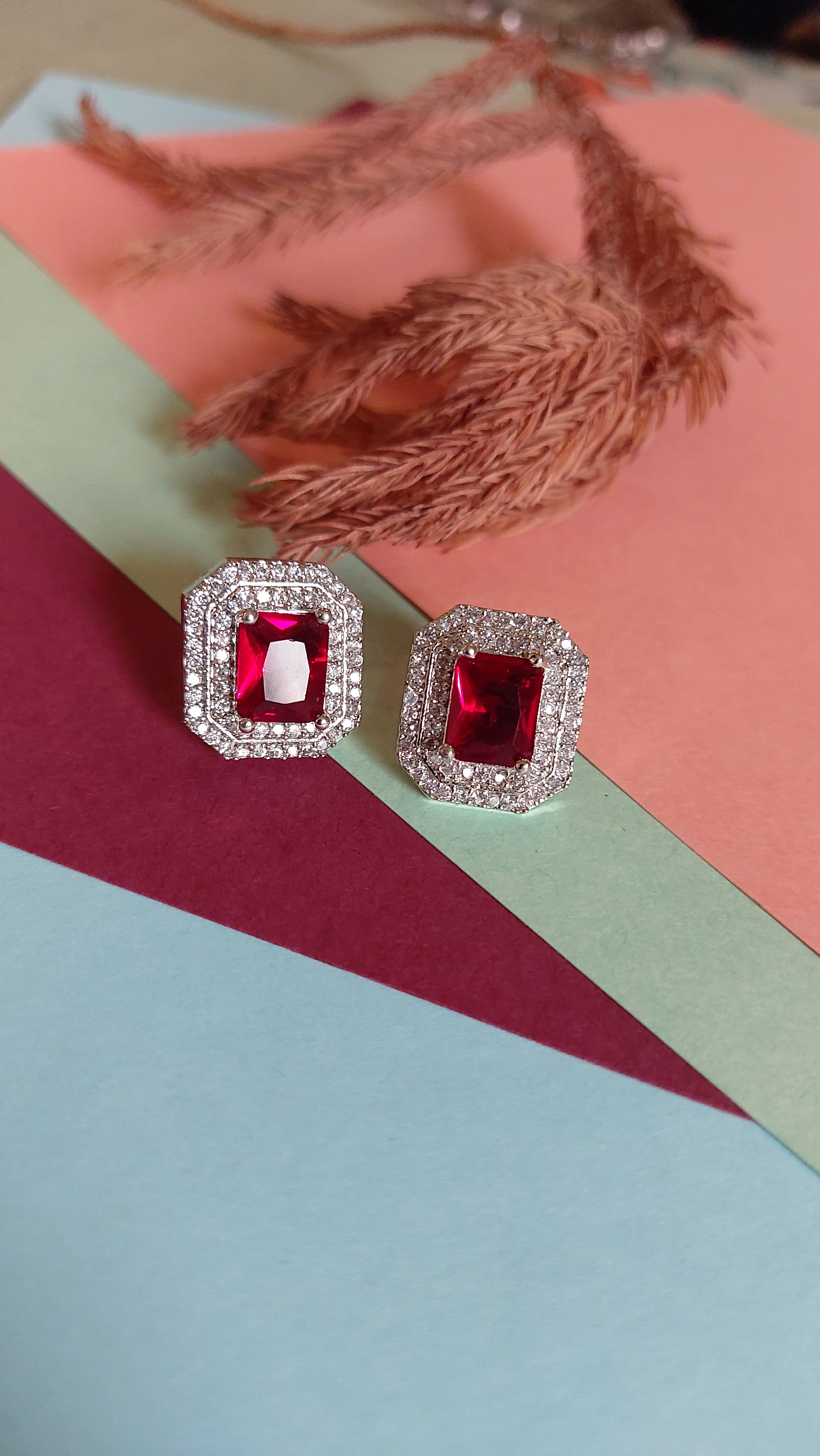 RUBY RED STONE WITH AMERICAN DIAMOND EAR STUDS