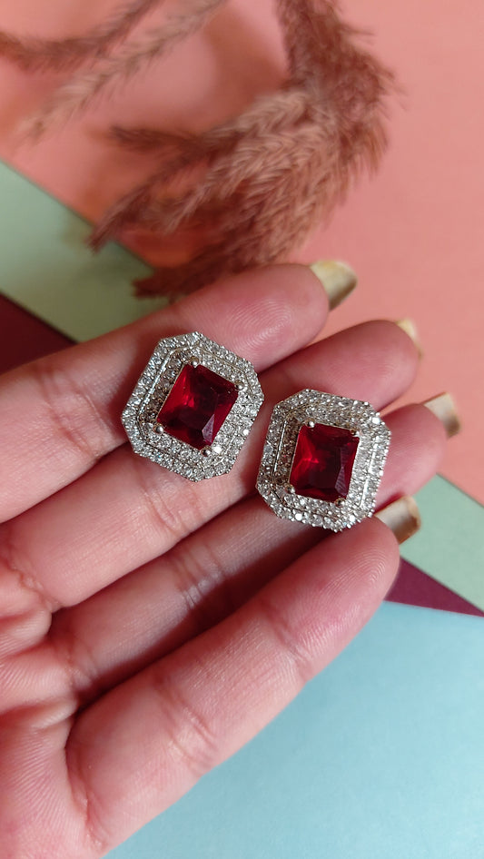 RUBY RED STONE WITH AMERICAN DIAMOND EAR STUDS