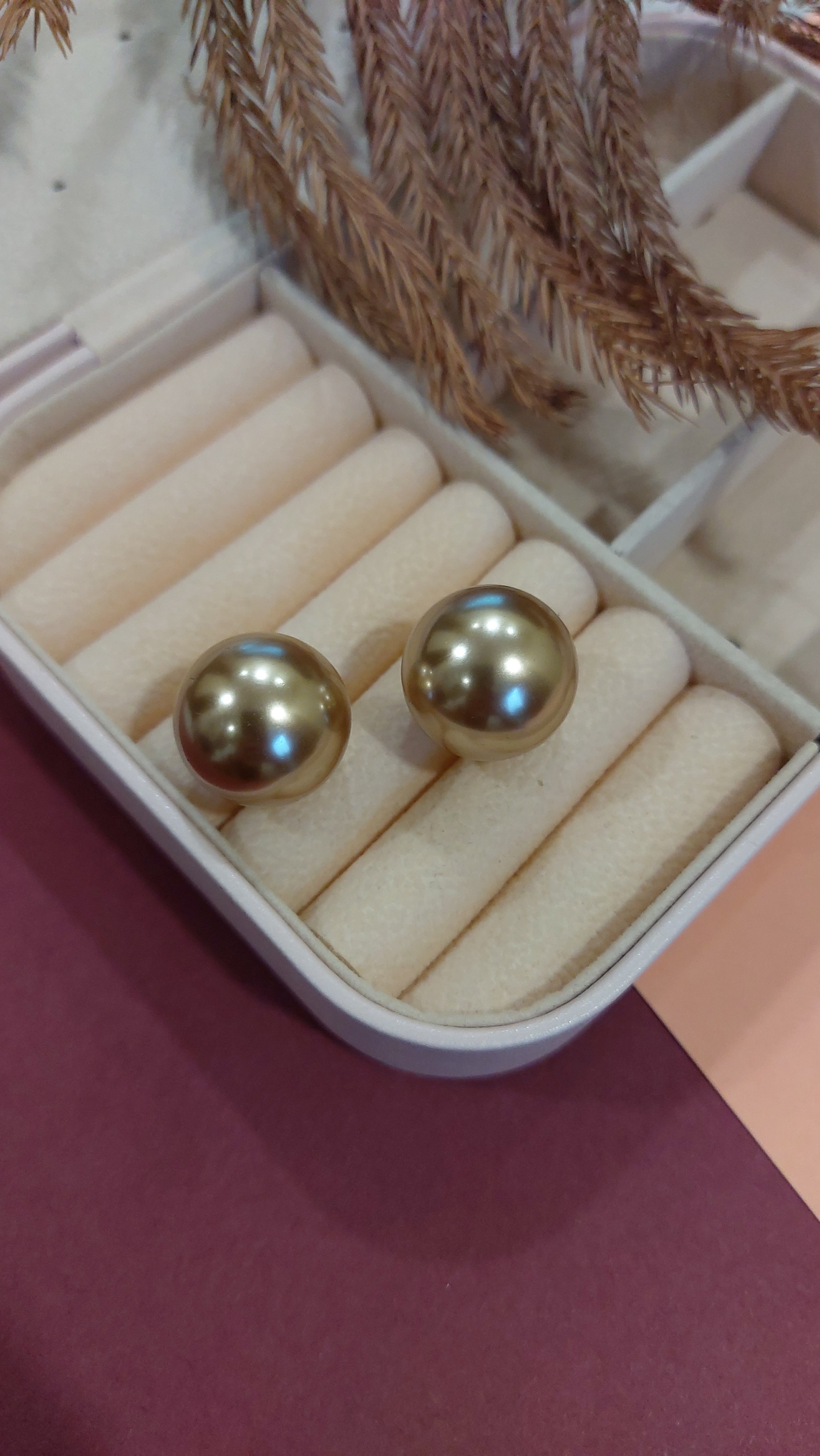 CHAMPAGNE COLORED BIG PEARL EAR STUDS