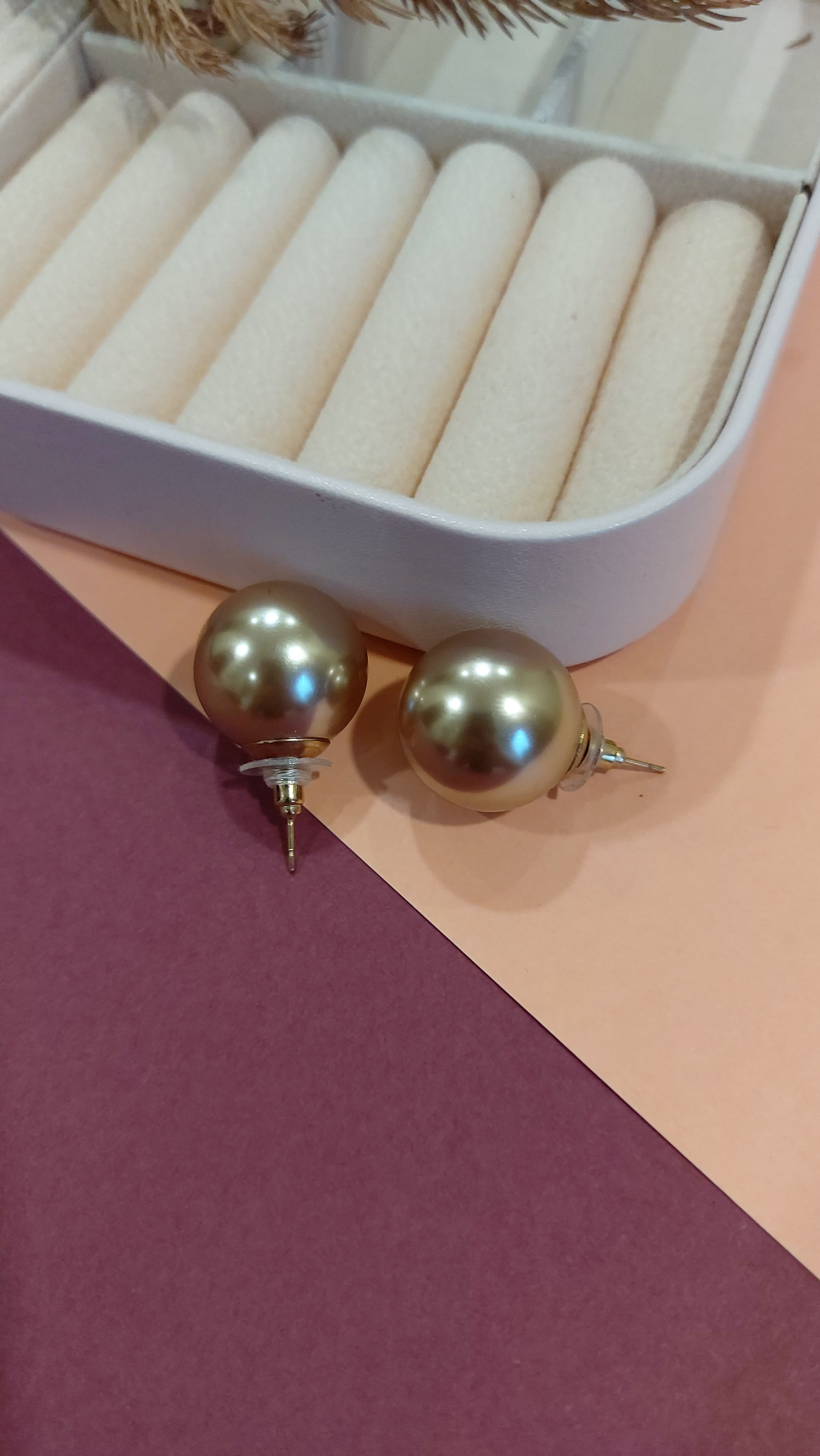 CHAMPAGNE COLORED BIG PEARL EAR STUDS