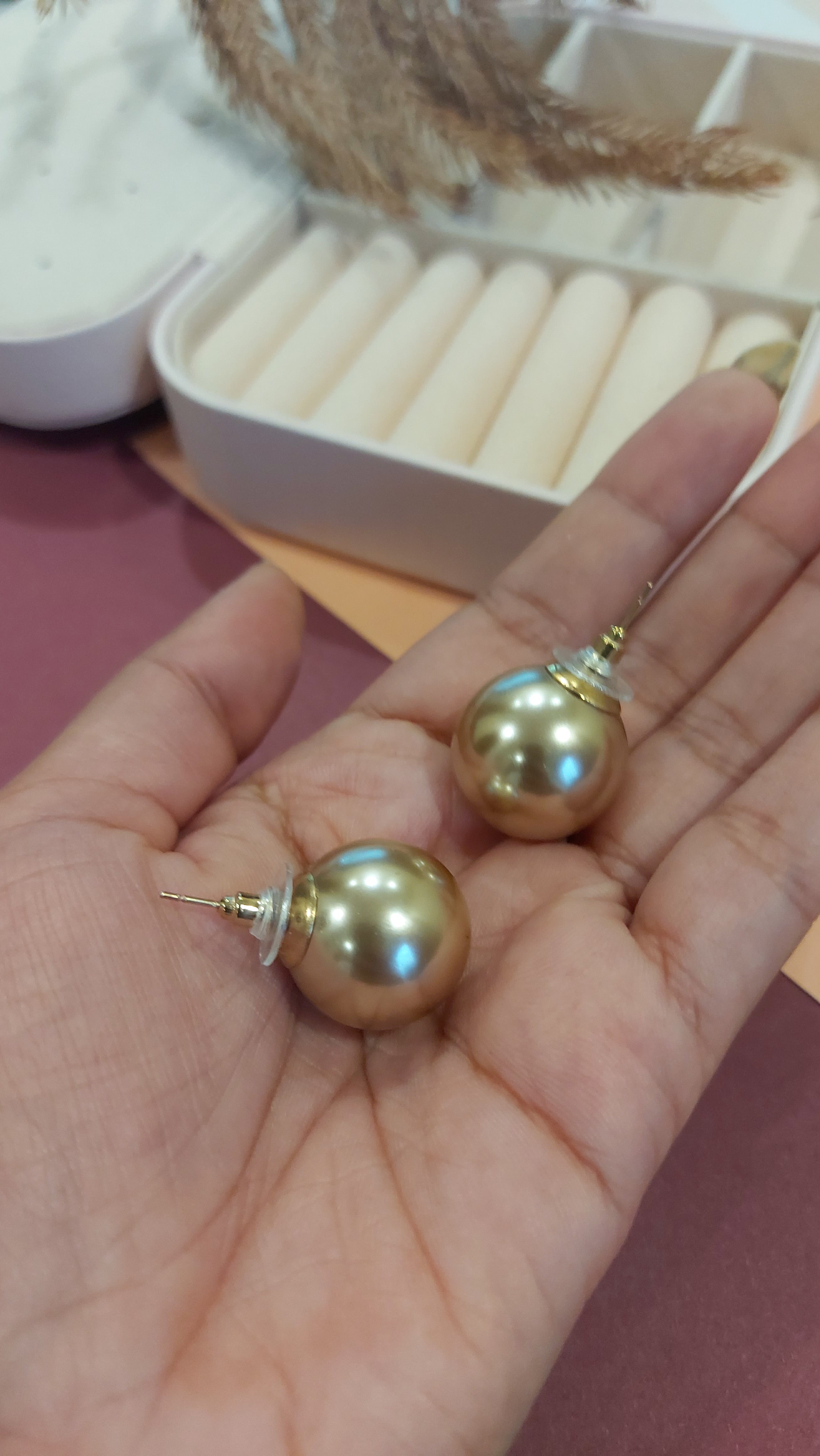 CHAMPAGNE COLORED BIG PEARL EAR STUDS