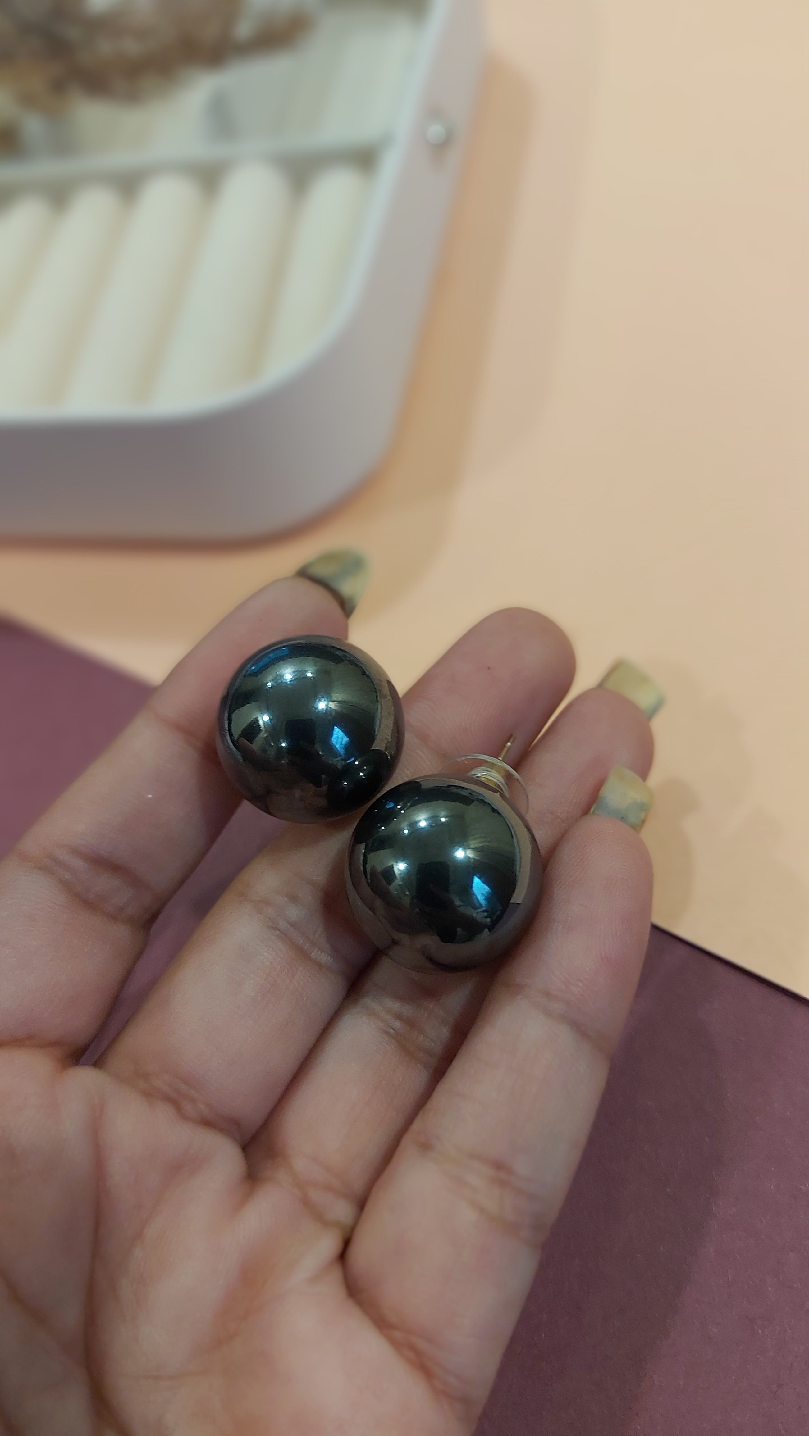 BLACK COLORED BIG PEARL EAR STUDS