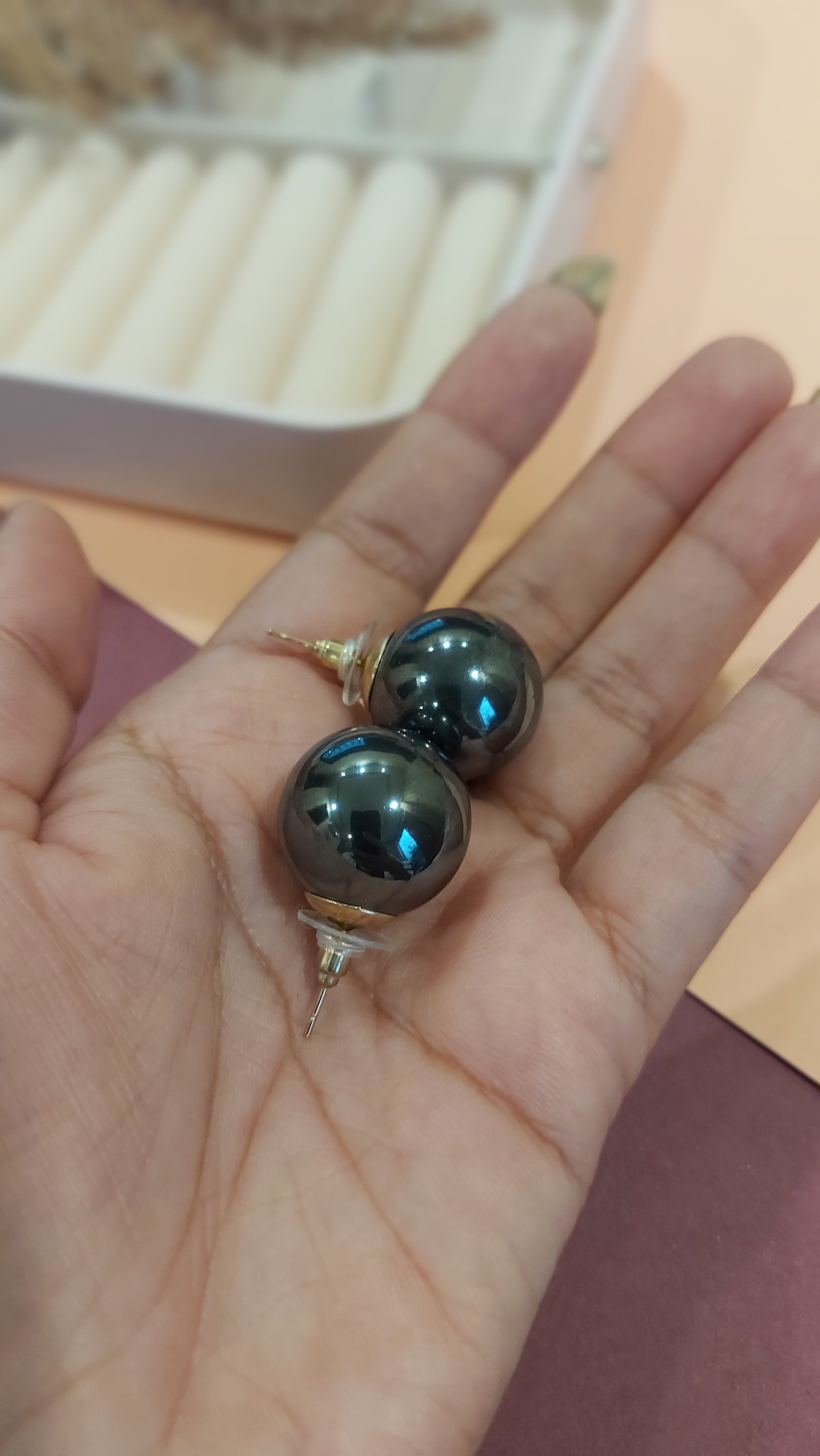 BLACK COLORED BIG PEARL EAR STUDS