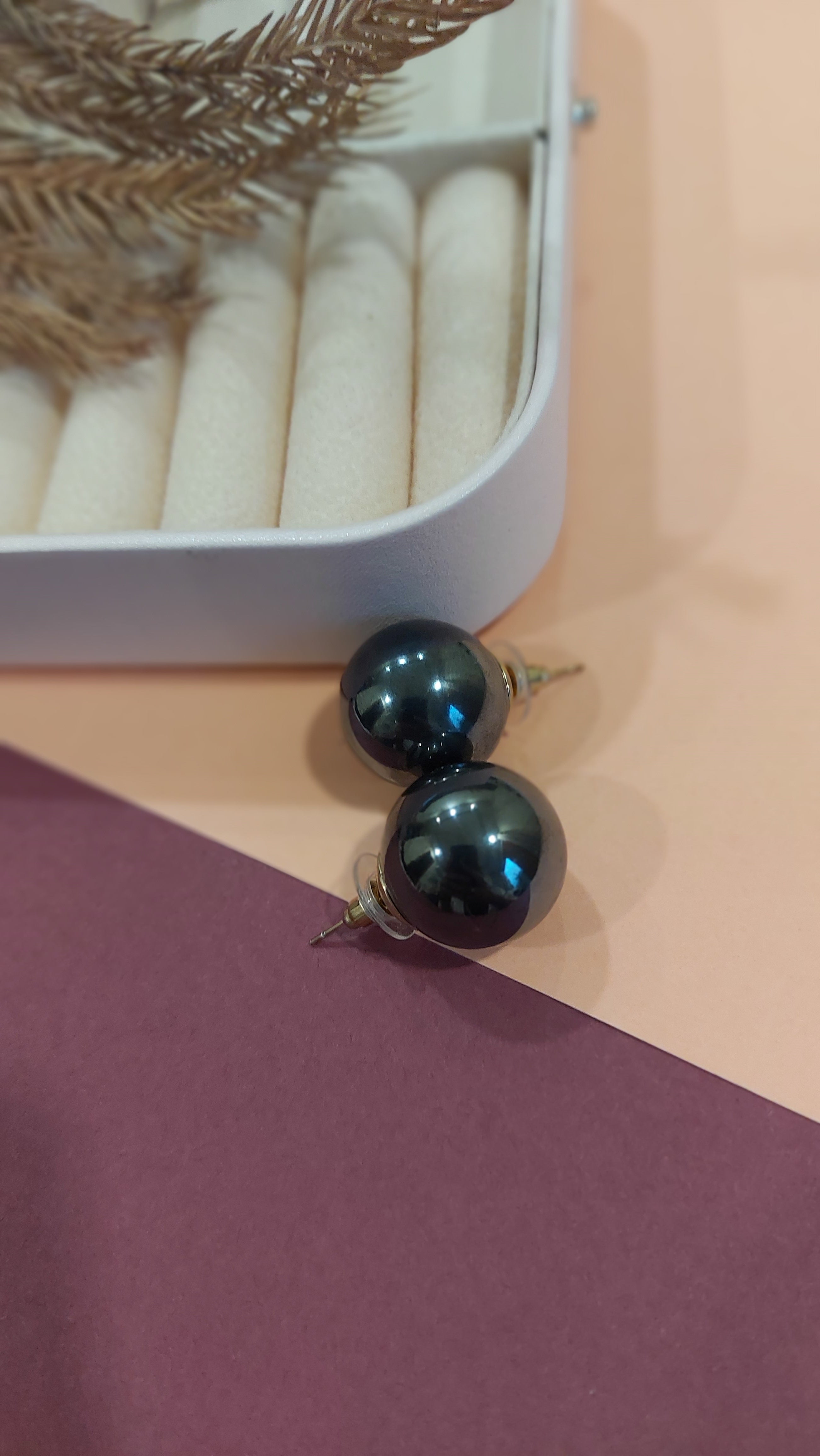 BLACK COLORED BIG PEARL EAR STUDS