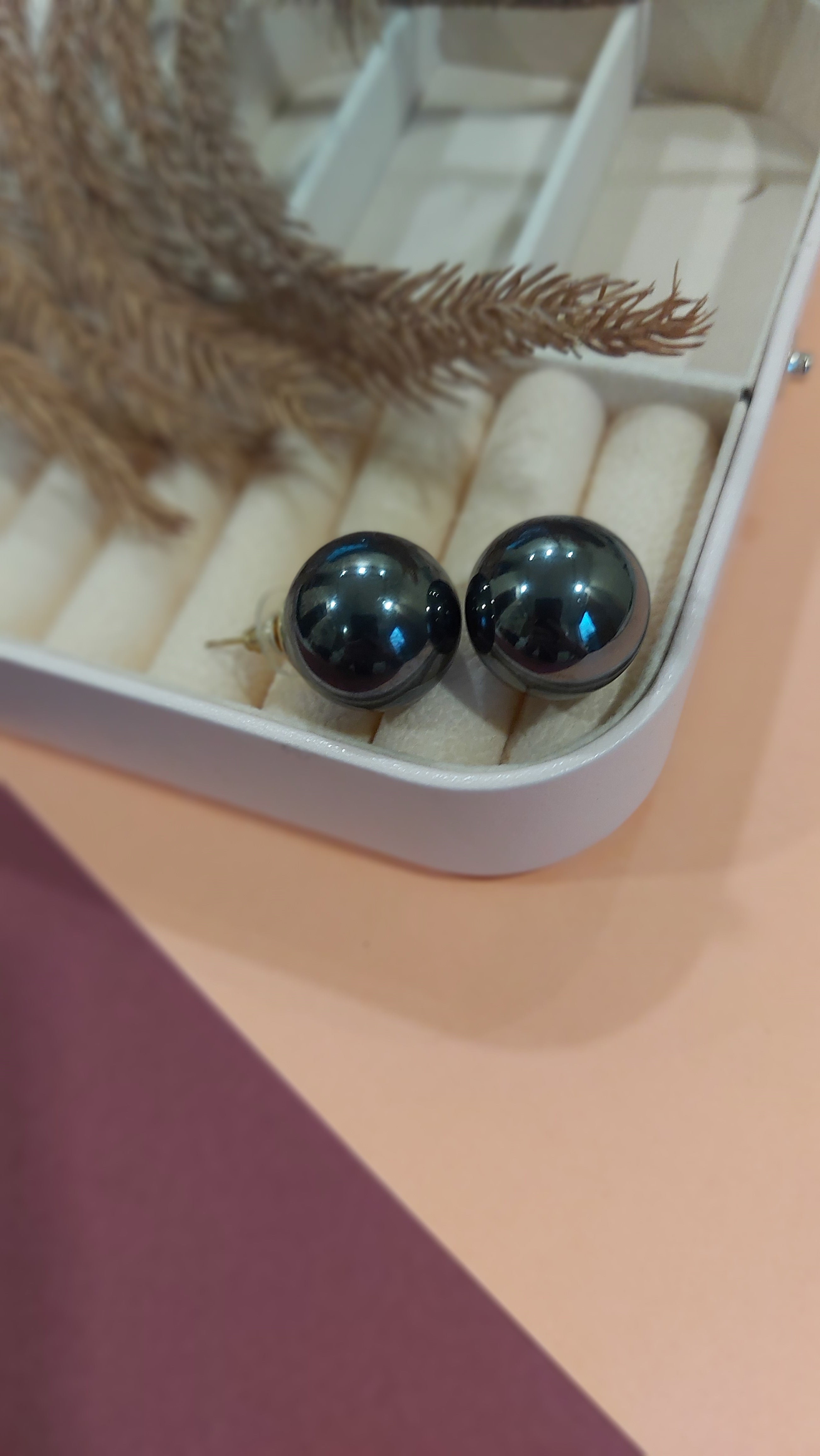 BLACK COLORED BIG PEARL EAR STUDS