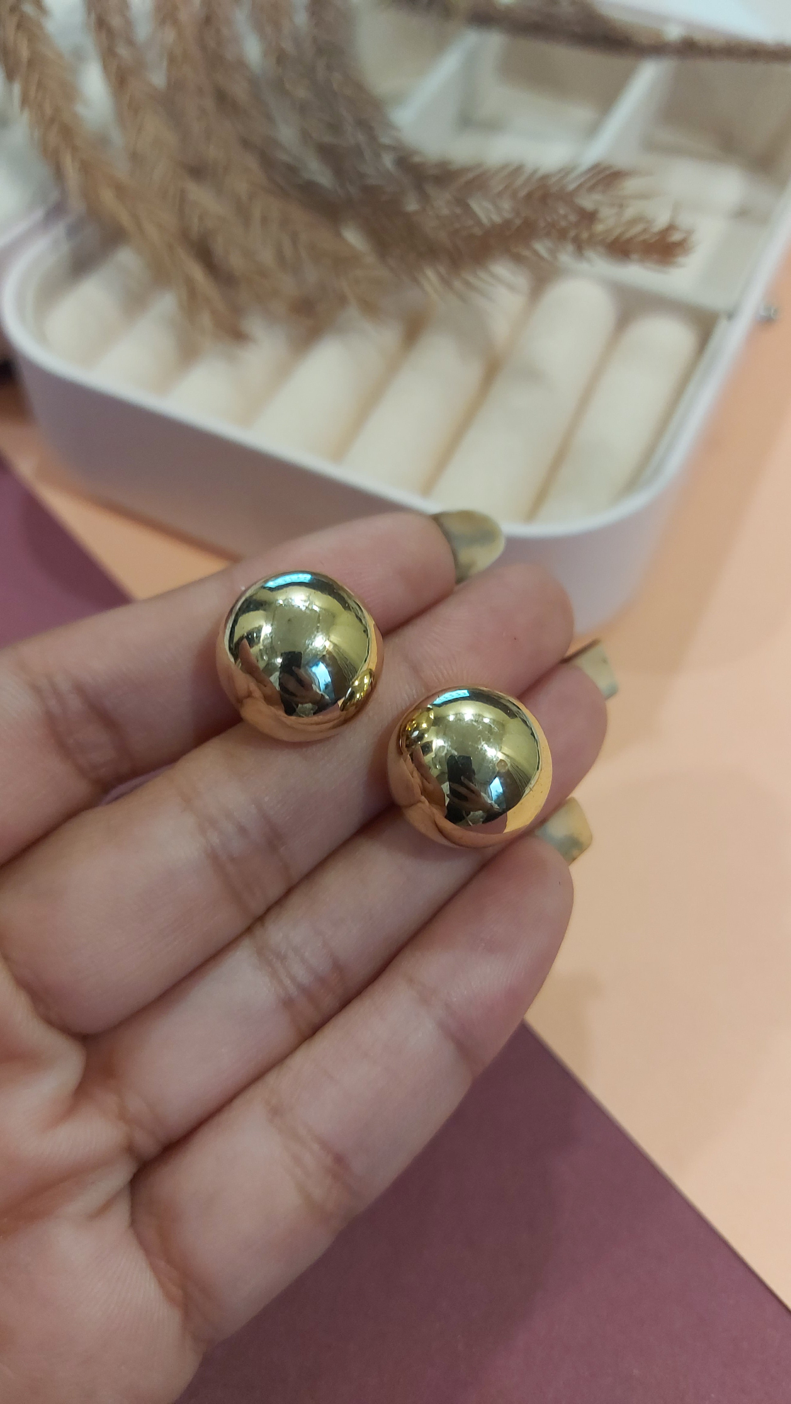 GOLD PLATED BIG HALF BALL EAR STUDS