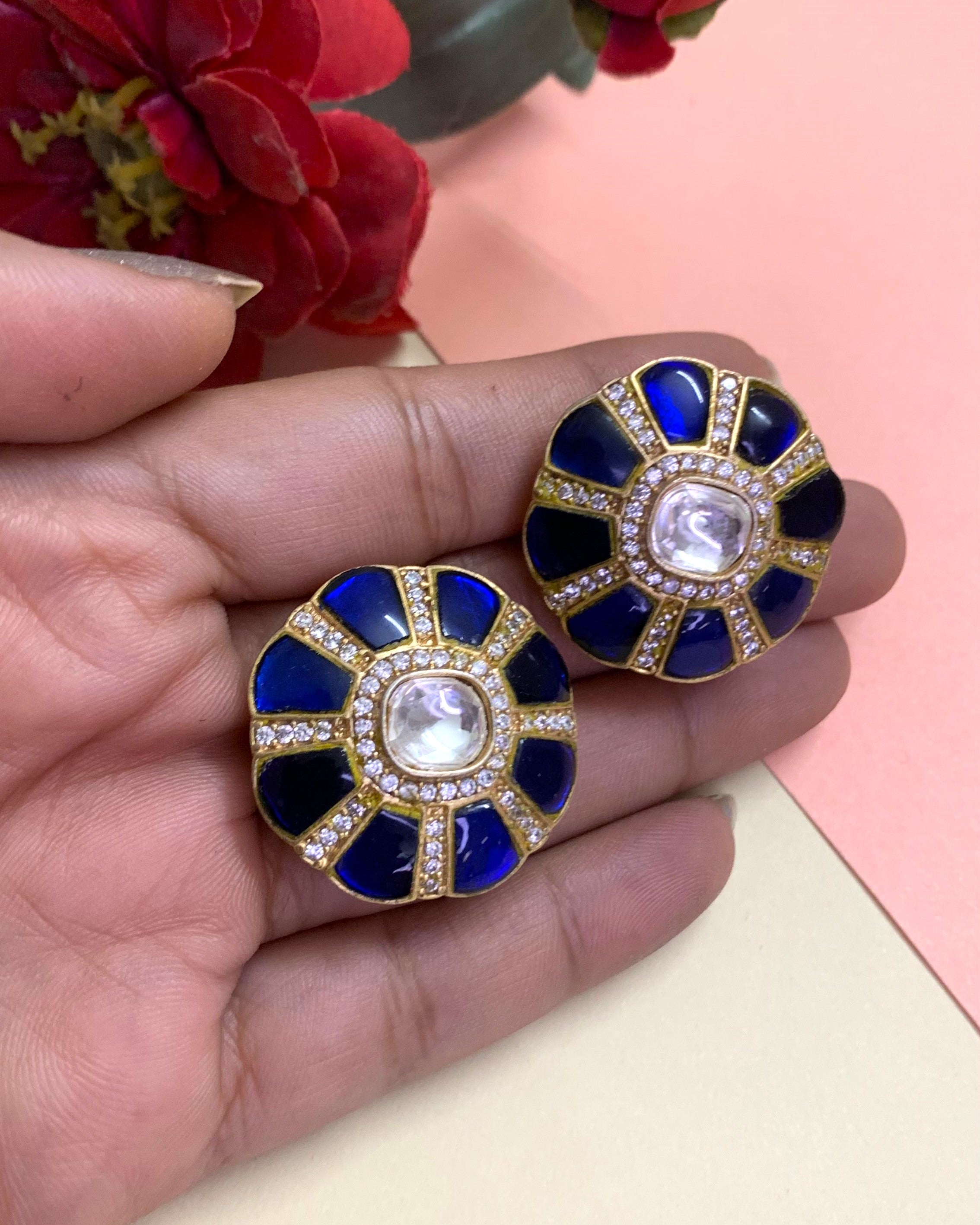 OZEL GOLD PLATED KUNDAN MOISSONITE POLKI AND BLUE STONE STUDDED EAR STUDS