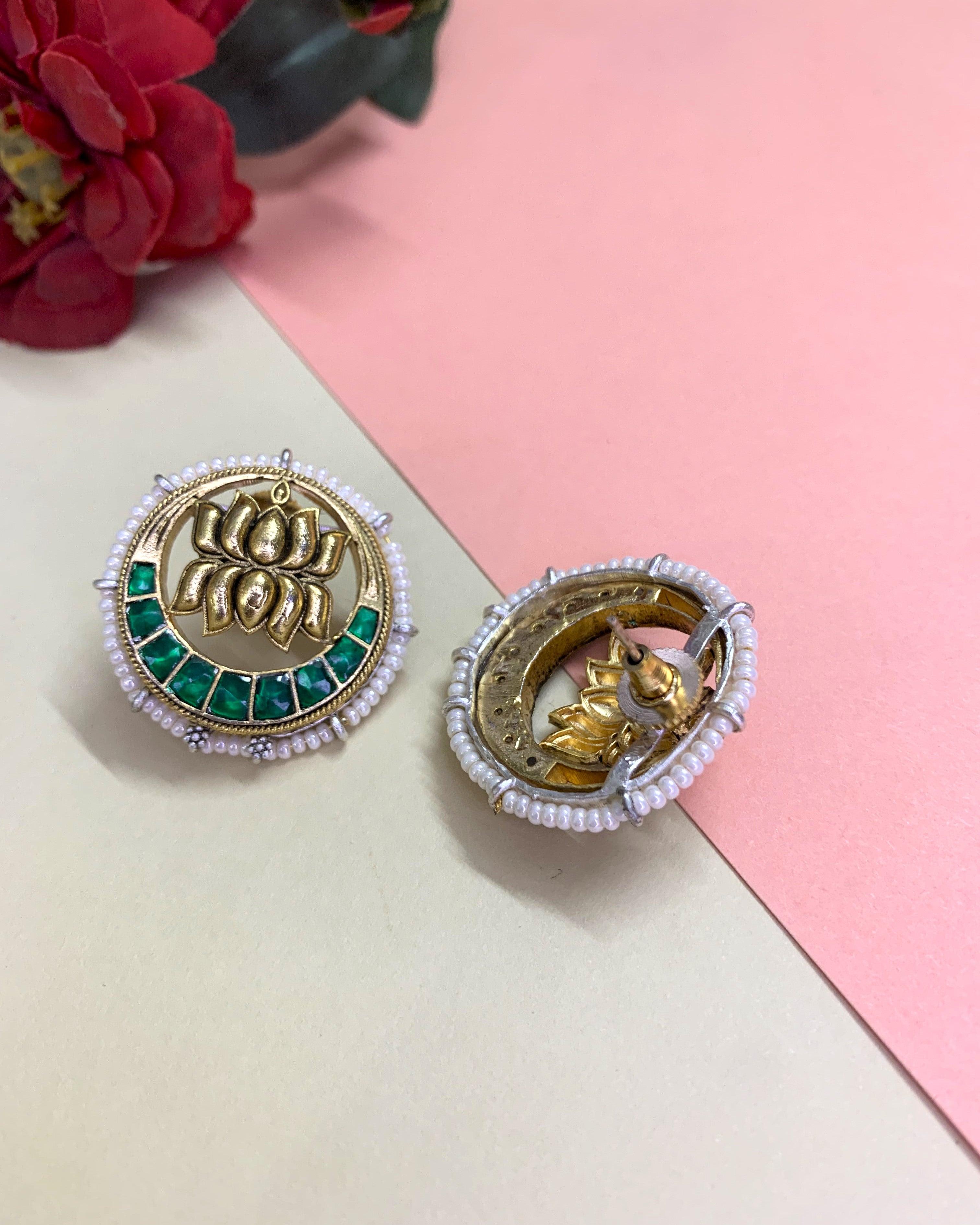 OZEL GOLD PLATED LOTUS MOTIF GREEN STONE STUDDED KUNDAN EAR STUDS