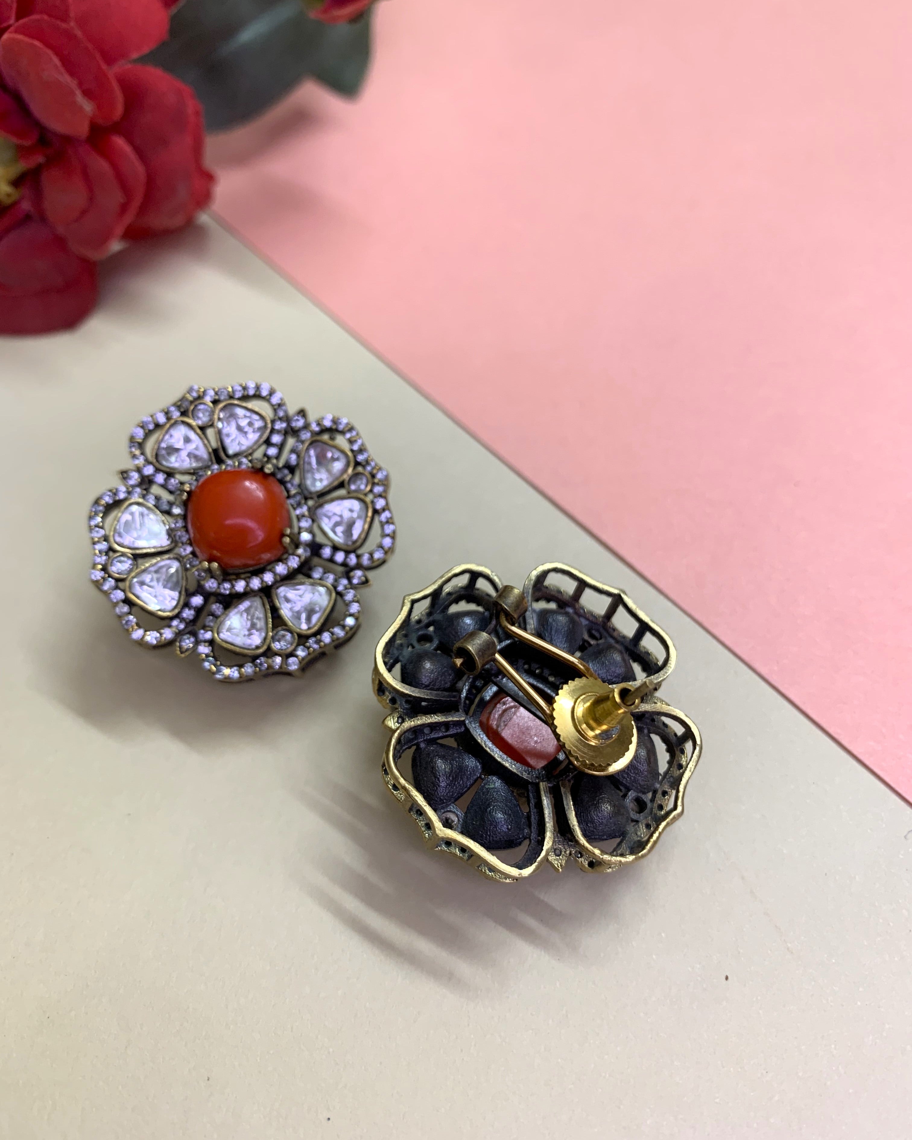 OZEL BLACK PLATED KUNDAN MOISSONITE POLKI VICTORIAN LOOK CORAL STUDDED EAR STUDS