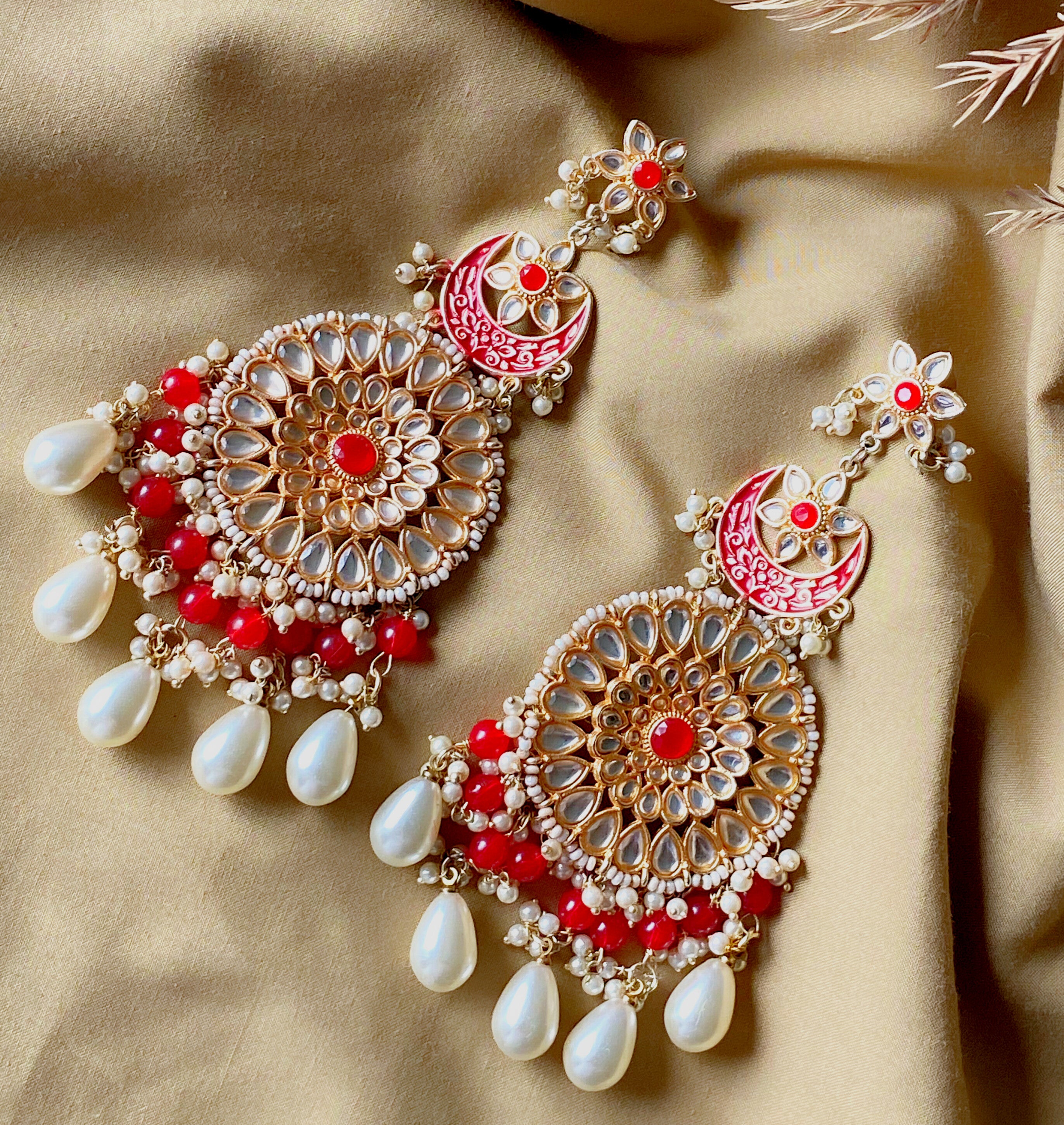 Kundan Chandbali Earrings with Red Beads and Pearls