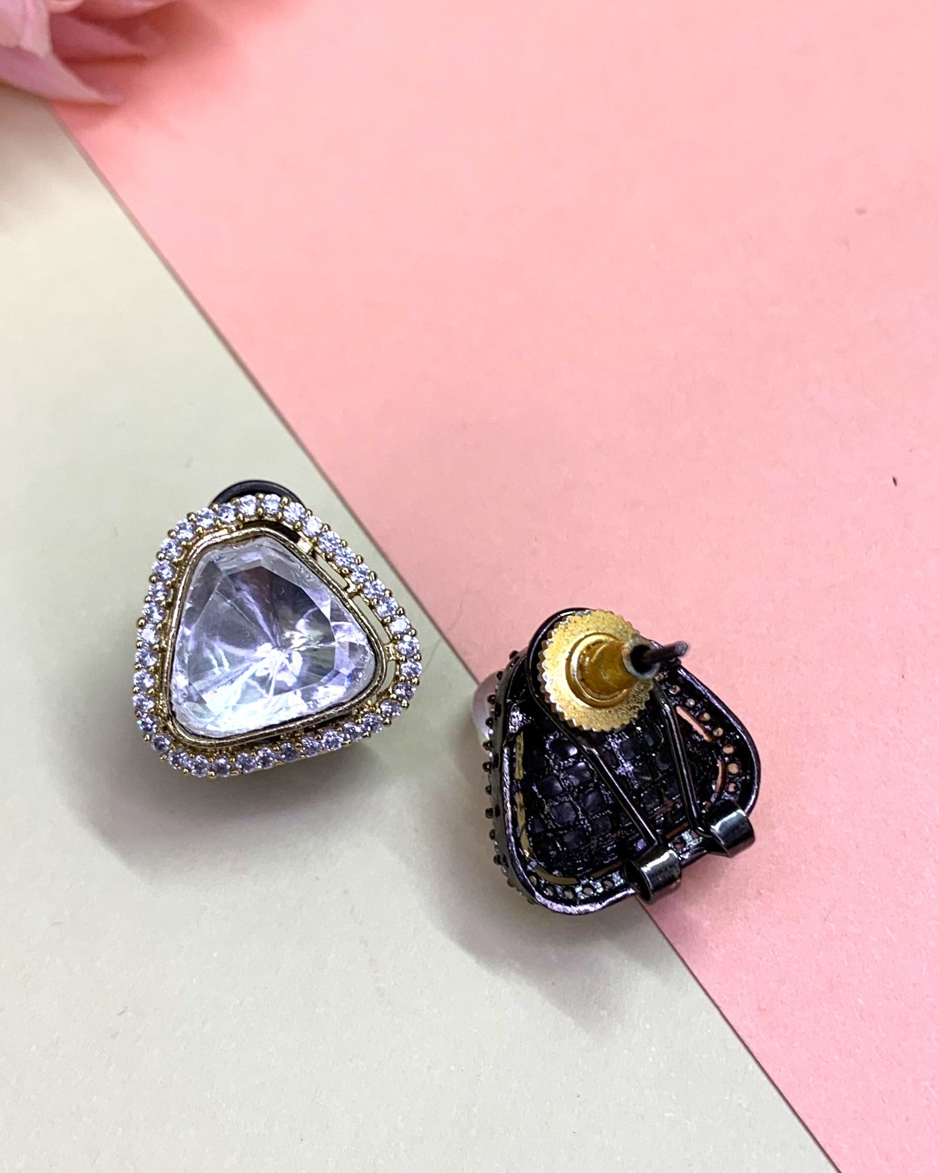 OZEL BLACK PLATED KUNDAN MOISSONITE POLKI WITH AMERICAN DIAMONDS STUDDED EAR STUDS