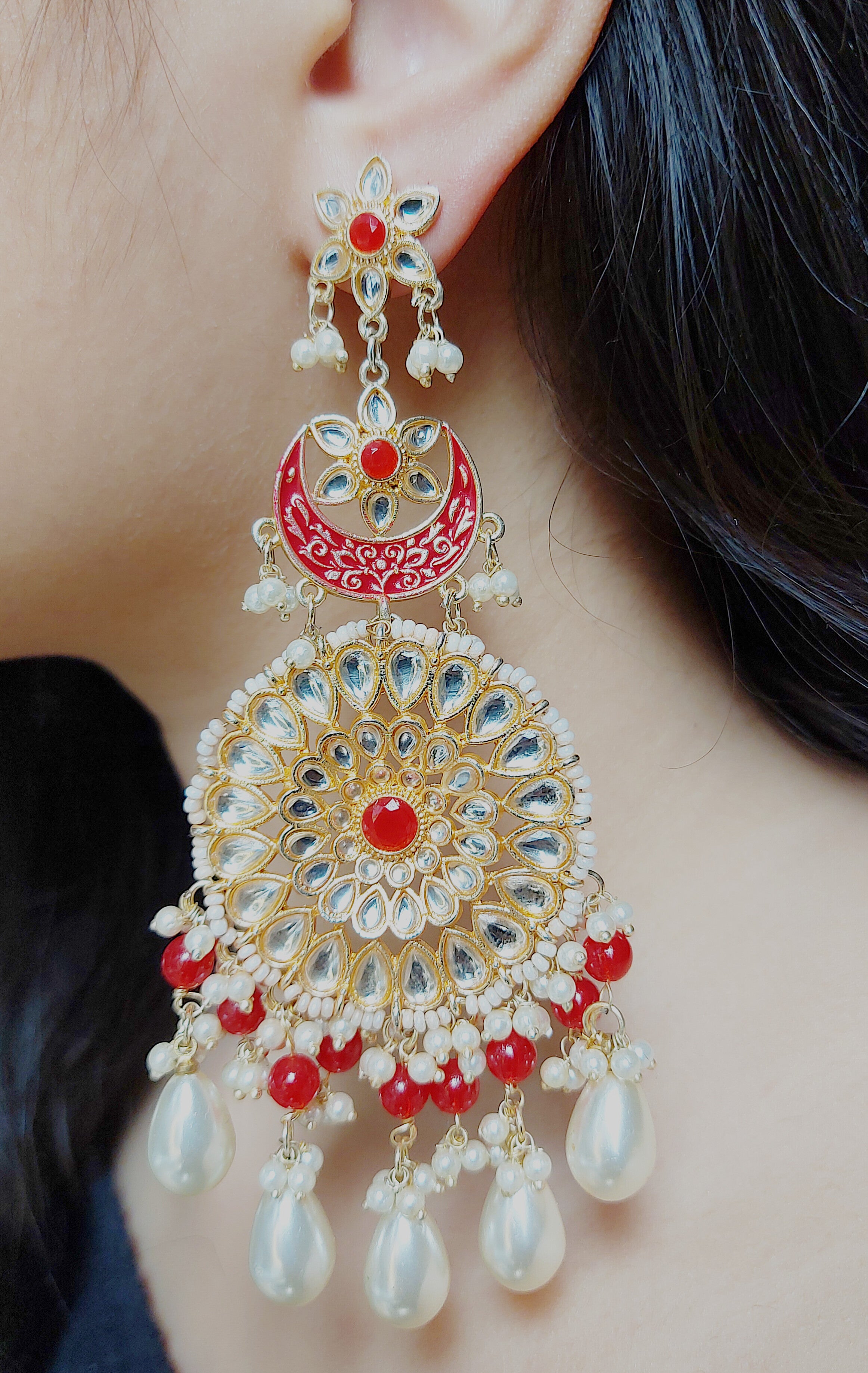 Kundan Chandbali Earrings with Red Beads and Pearls