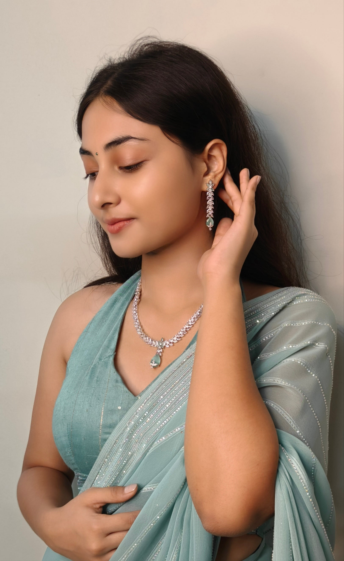 American Diamond with Mint Green Drop Necklace Set