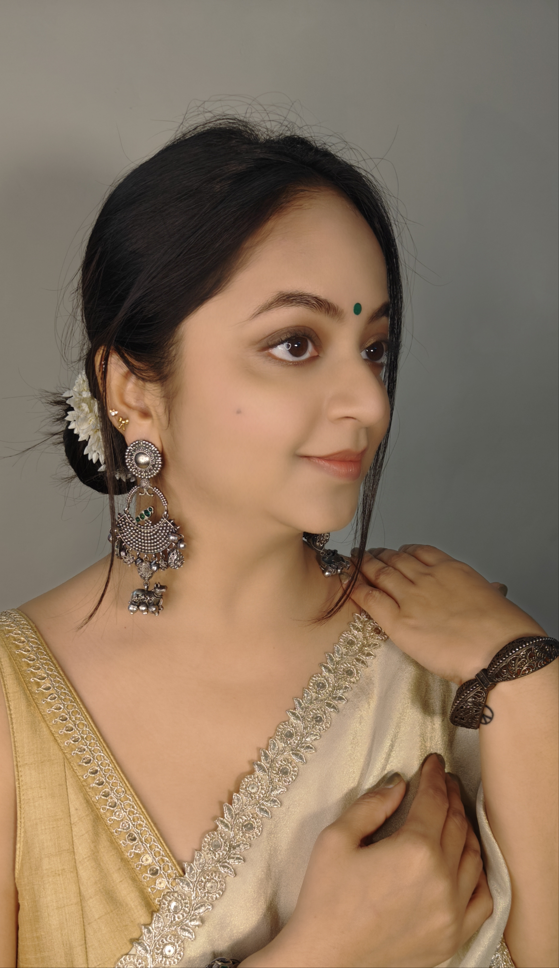 Ozel Oxidised Silver Plated Chandbali Earrings