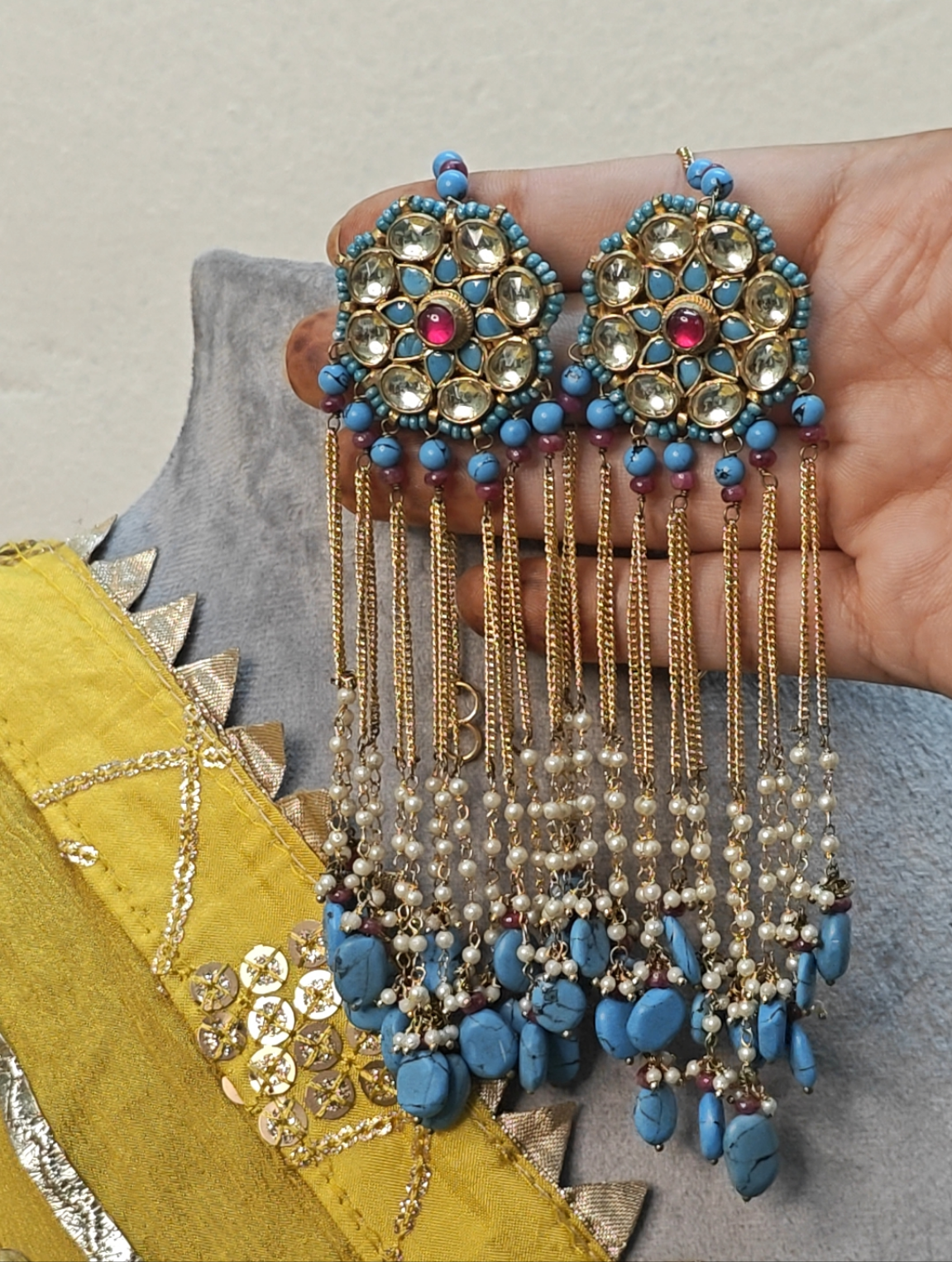 Kundan Chandelier Earrings with Turquoise Beads