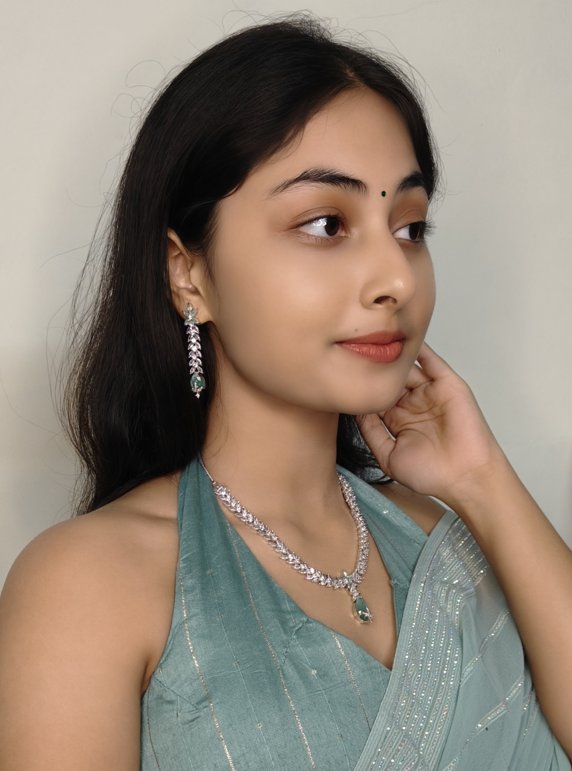 American Diamond with Mint Green Drop Necklace Set