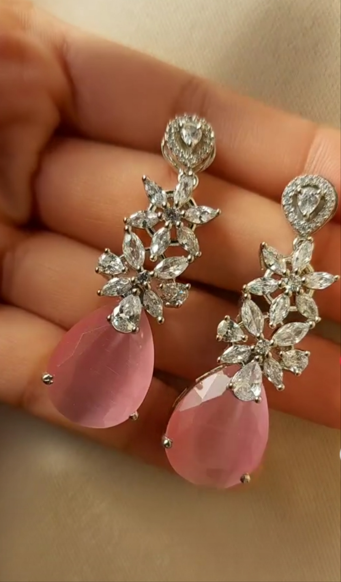 American Diamond and Rose Quartz Drop Earrings