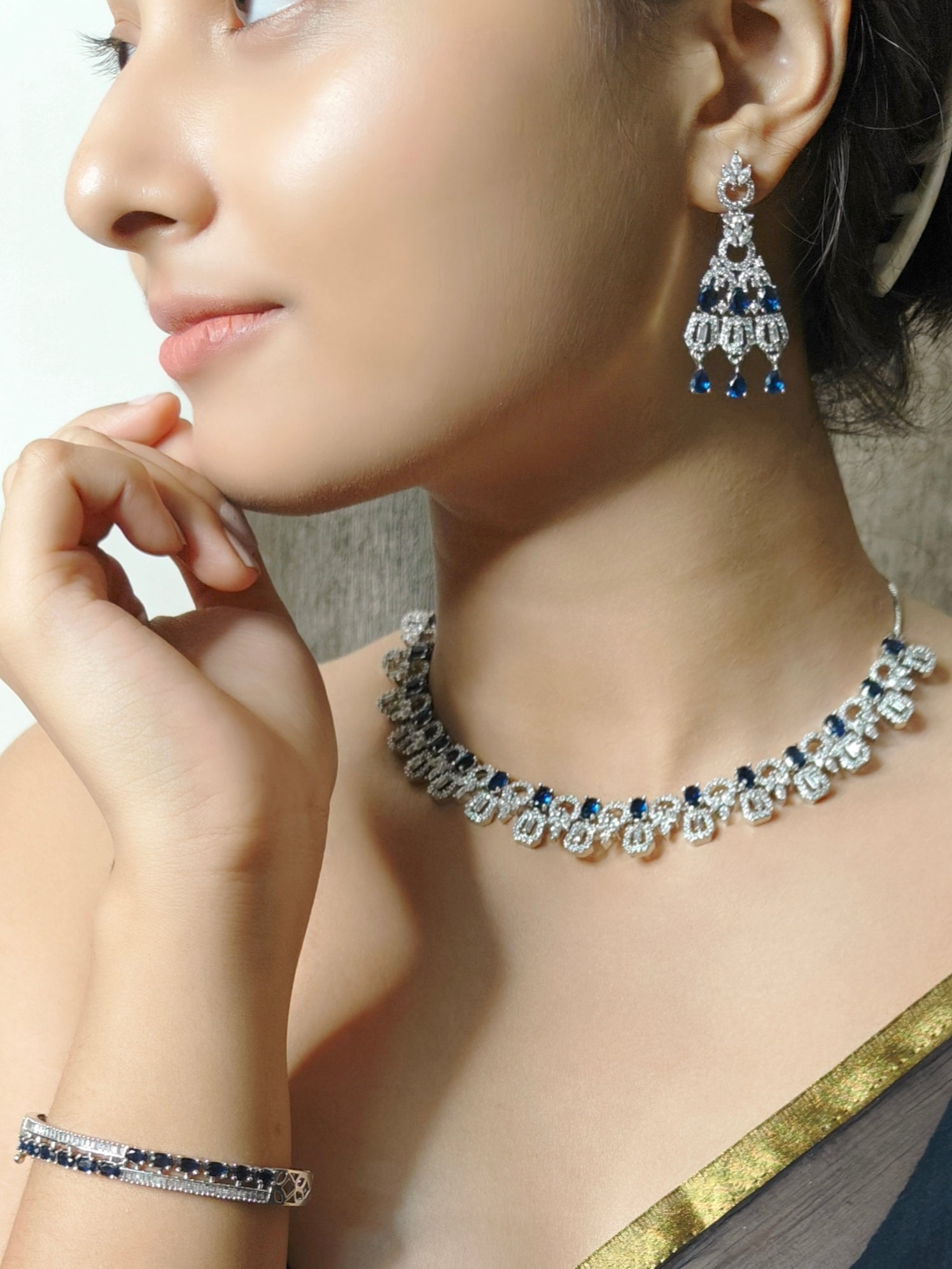 American Diamond with Blue Sapphire Necklace Set