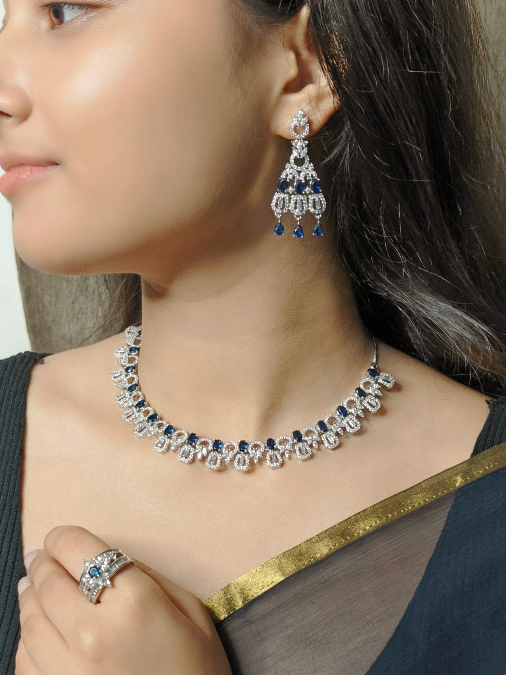American Diamond with Blue Sapphire Necklace Set