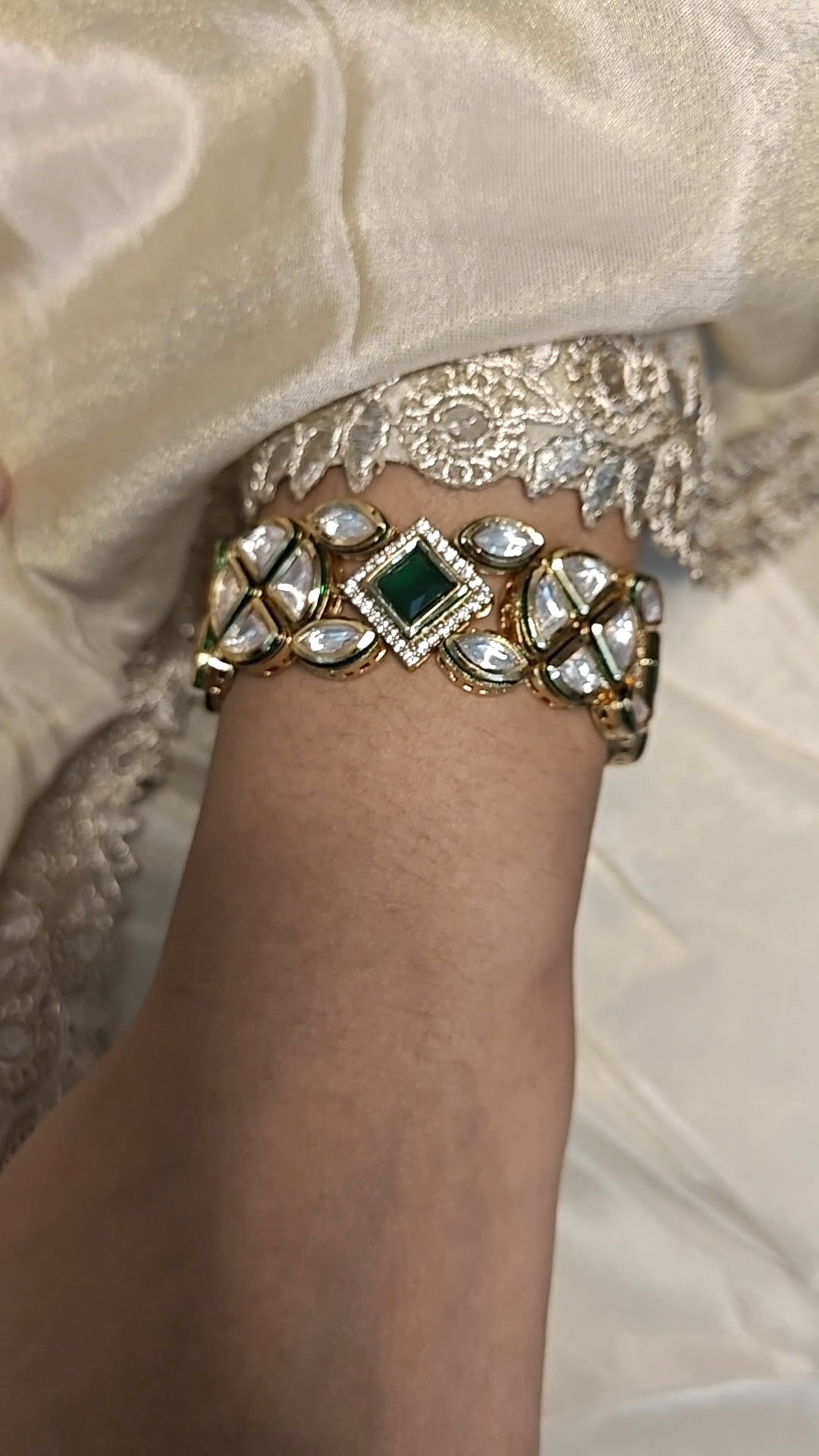 Kundan And Polki with Emerald Stones Gold Plated Flexible Bracelet