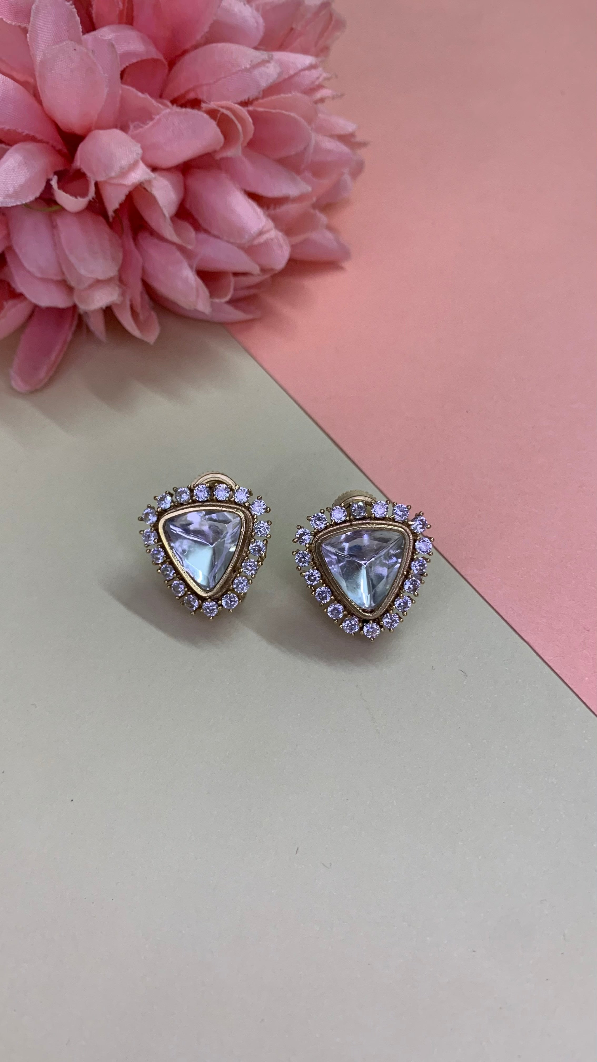 OZEL GOLD PLATED KUNDAN MOISSONITE POLKI WITH AMERICAN DIAMONDS STUDDED EAR STUDS