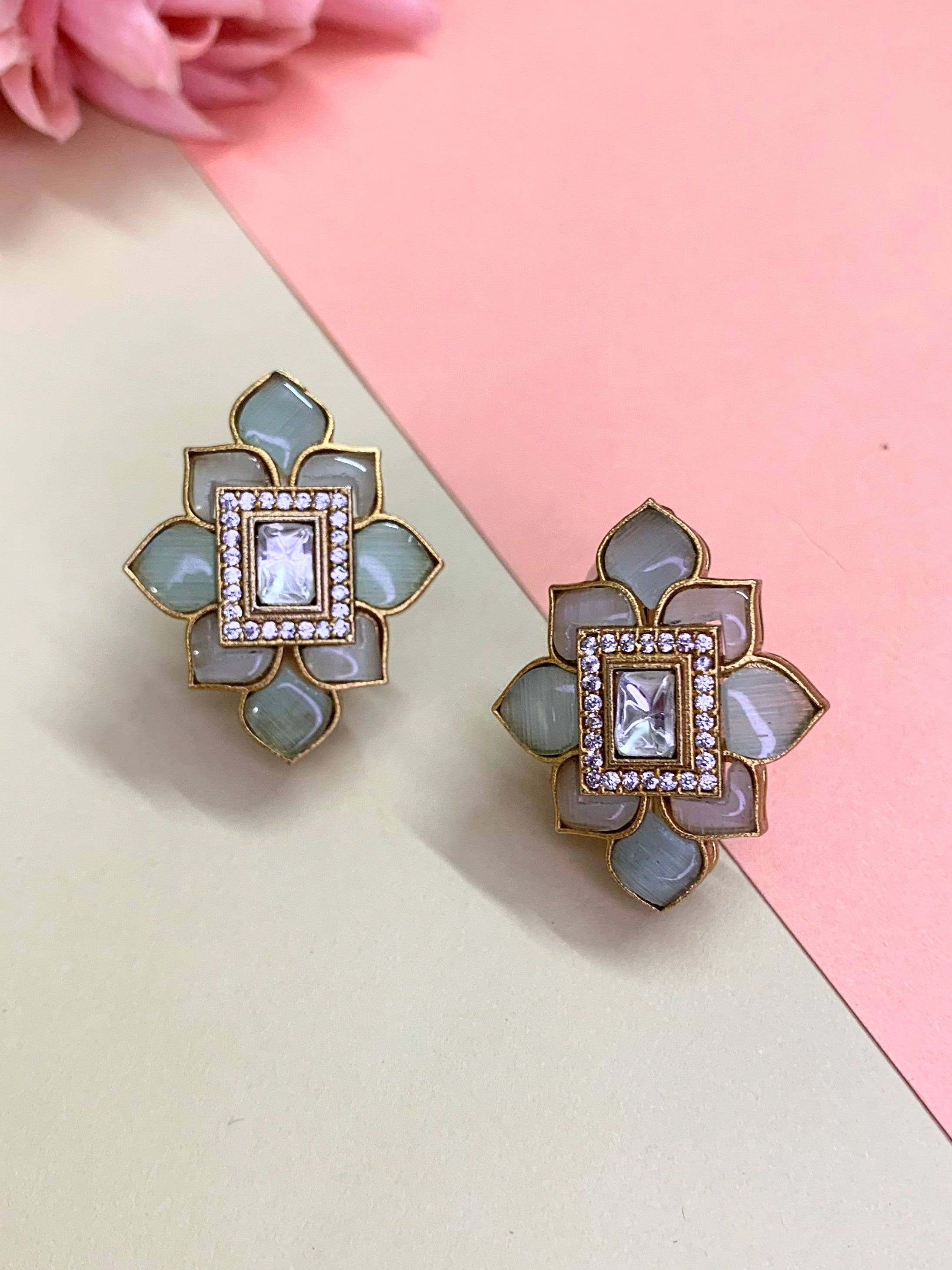 OZEL GOLD PLATED KUNDAN MOISSONITE POLKI WITH AMERICAN DIAMONDS AND MINT GREEN STONES STUDDED EAR STUDS