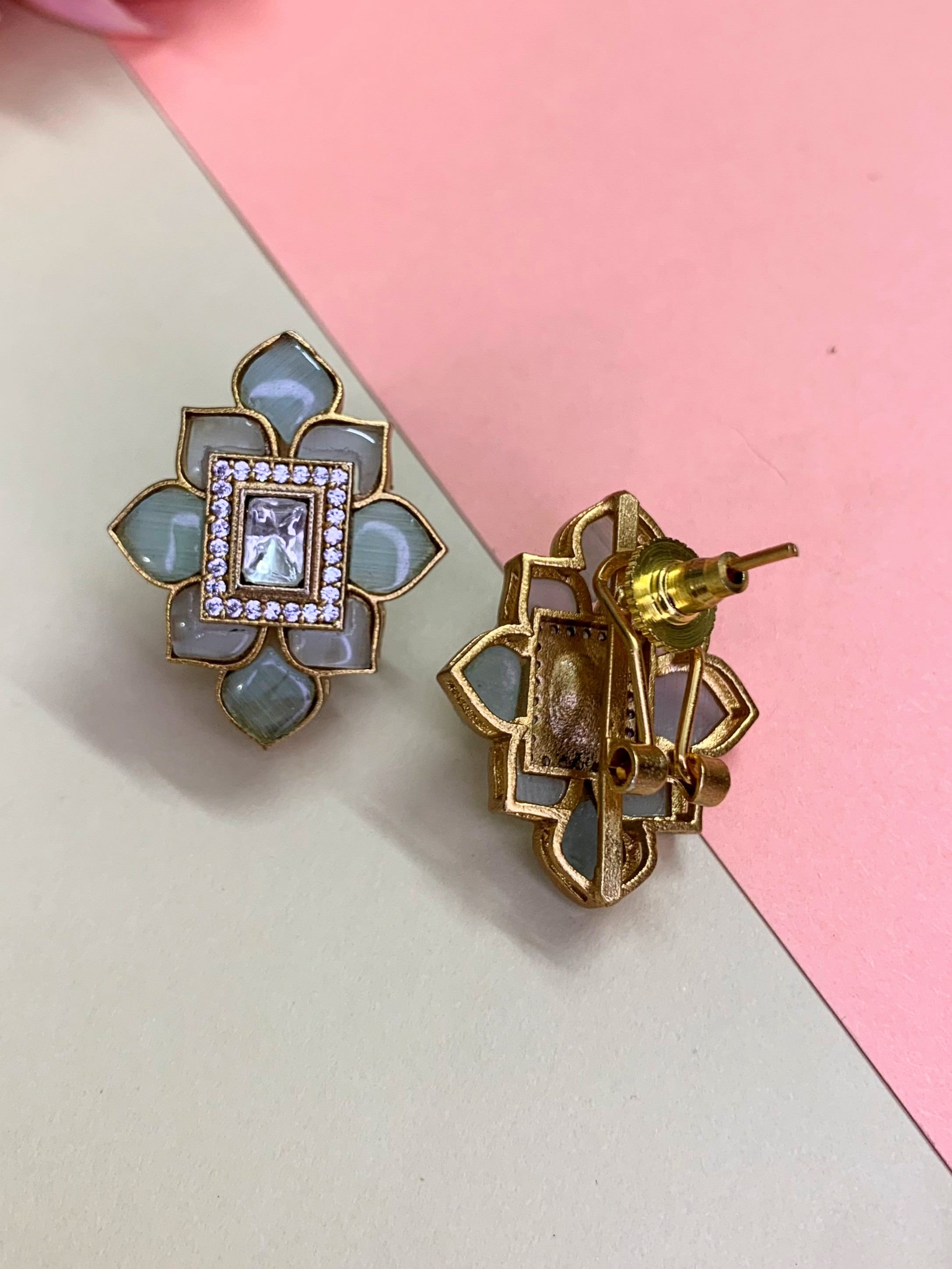 OZEL GOLD PLATED KUNDAN MOISSONITE POLKI WITH AMERICAN DIAMONDS AND MINT GREEN STONES STUDDED EAR STUDS