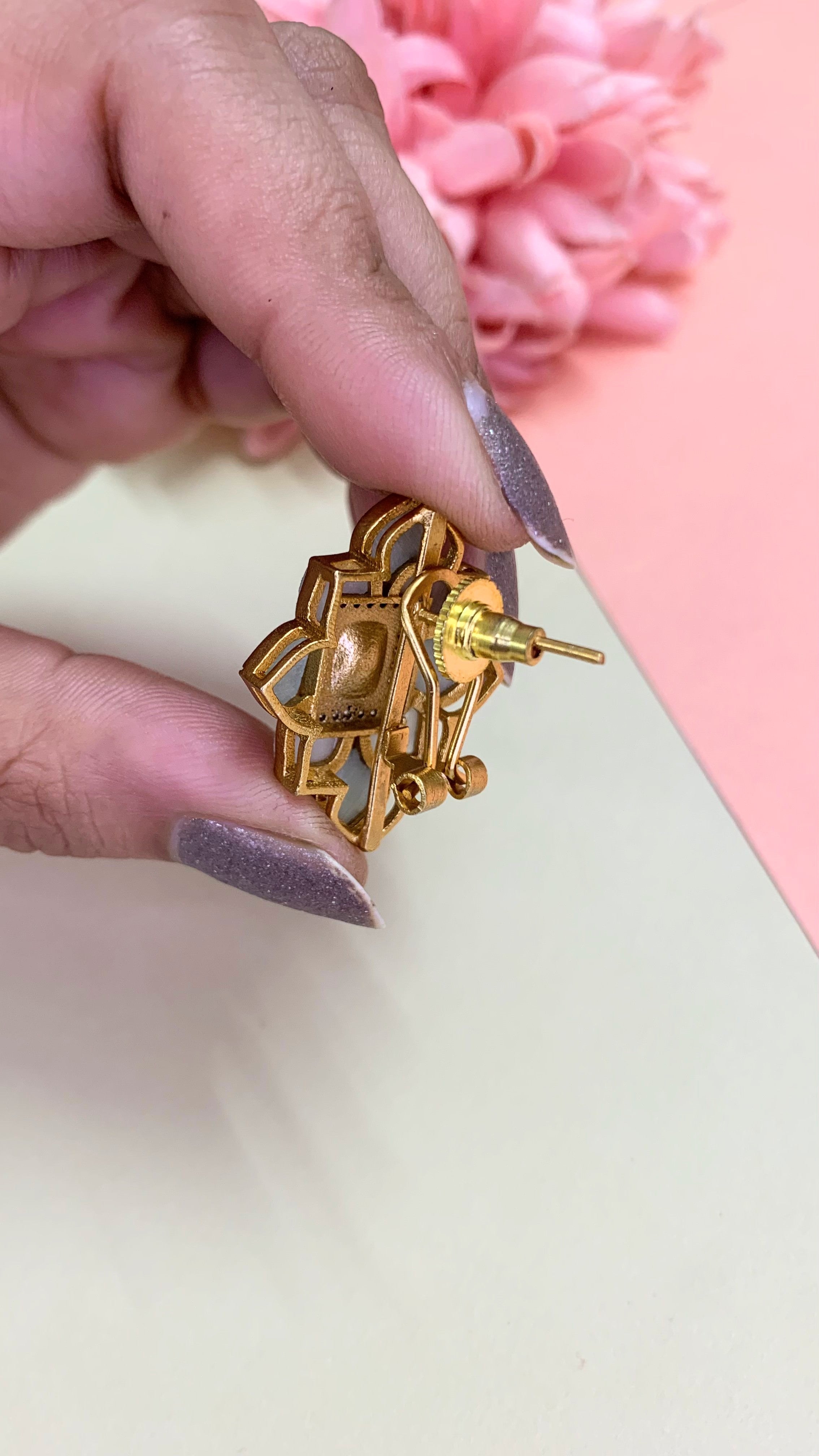 OZEL GOLD PLATED KUNDAN MOISSONITE POLKI WITH AMERICAN DIAMONDS AND MINT GREEN STONES STUDDED EAR STUDS