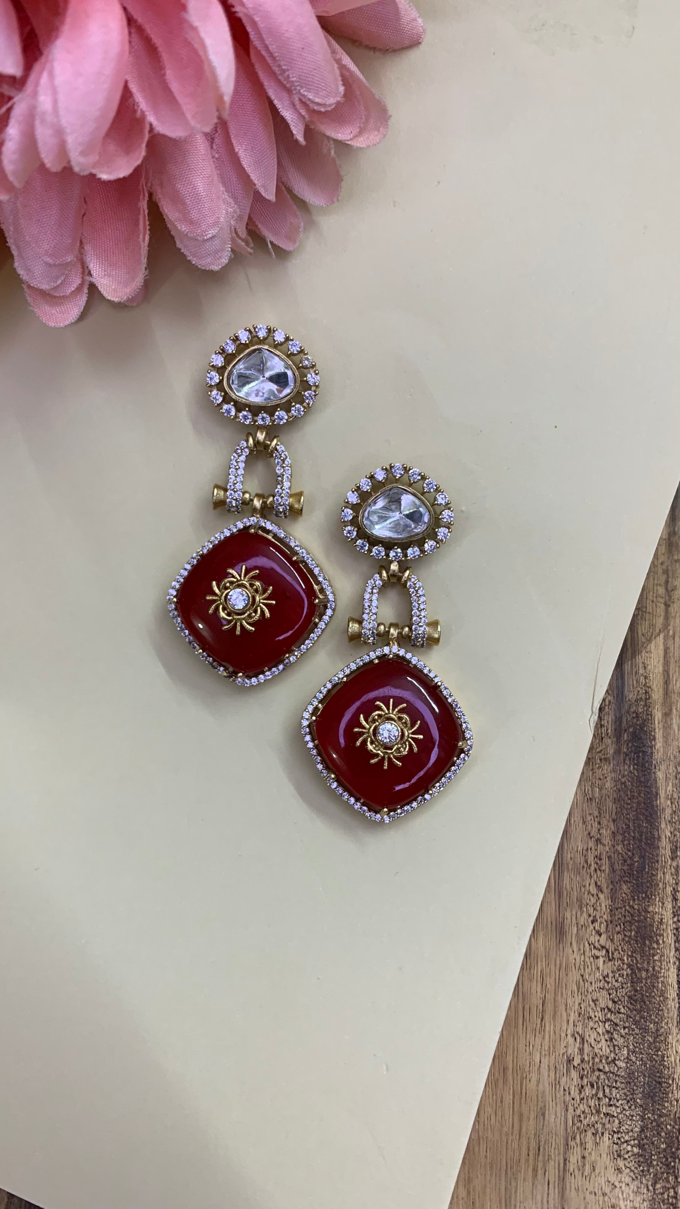 OZEL GOLD PLATED KUNDAN MOISSONITE POLKI STONES AND RED STONE DROP EARRINGS