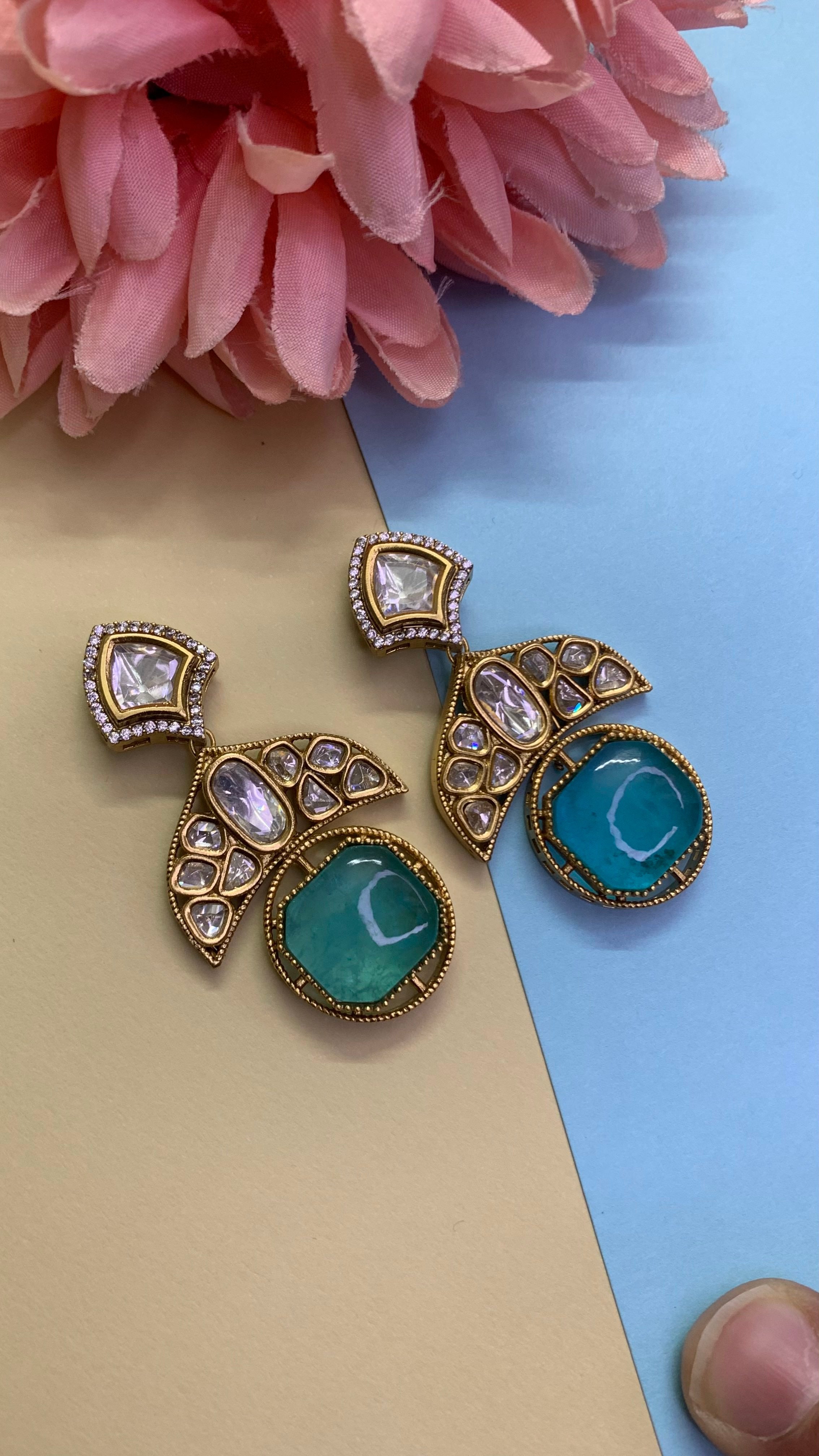Ozel Kundan and Polki Dangling Earrings with Turquoise Cabachon Stone