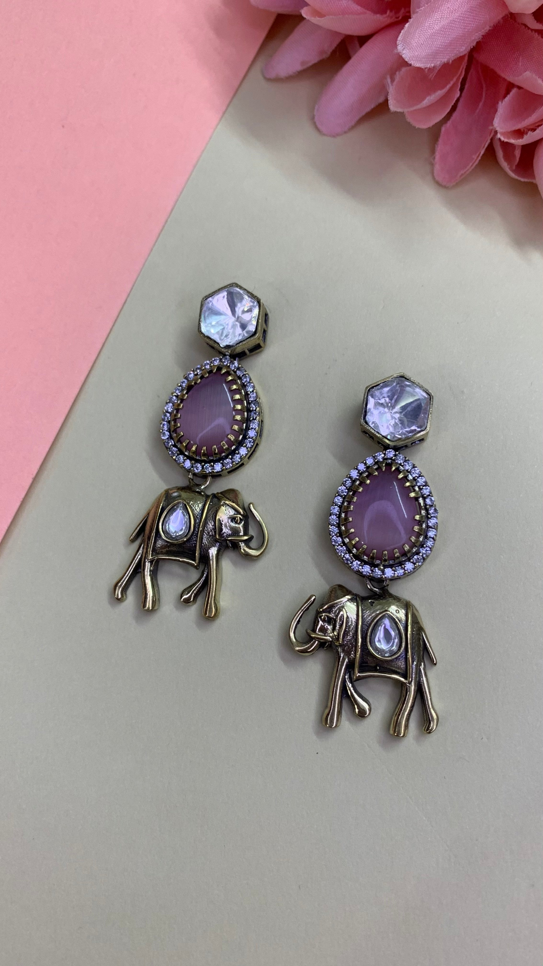 OZEL GOLD AND BLACK PLATED MOISSONITE POLKI WITH ROSE QUARTZ STONE AND ELEPHANT MOTIF DANGLE EARRINGS