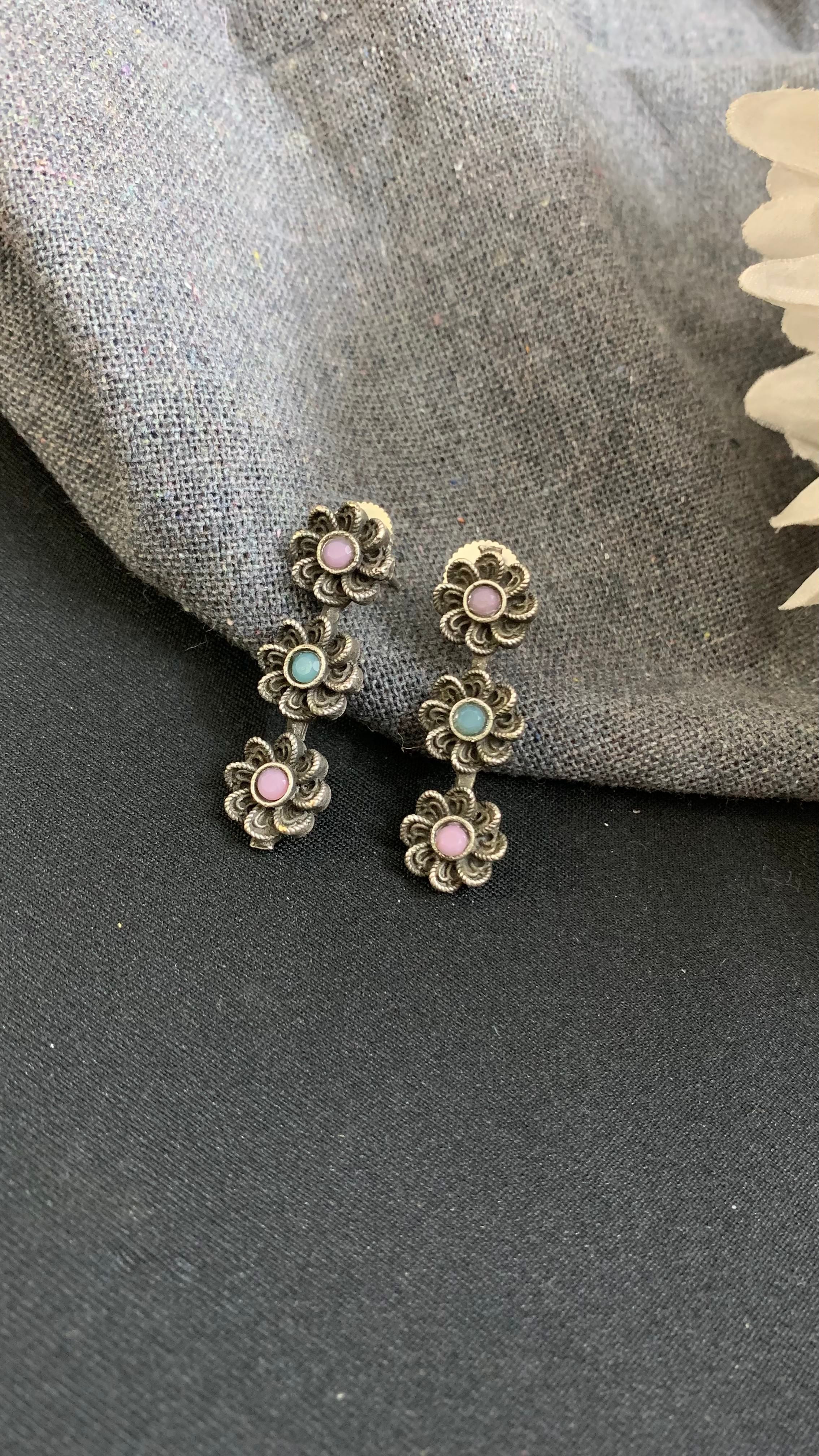 OZEL OXIDISED SILVER  PLATED WITH ROSE QUARTZ AND MINT GREEN STONES STUDDED  EAR DROP EARRINGS
