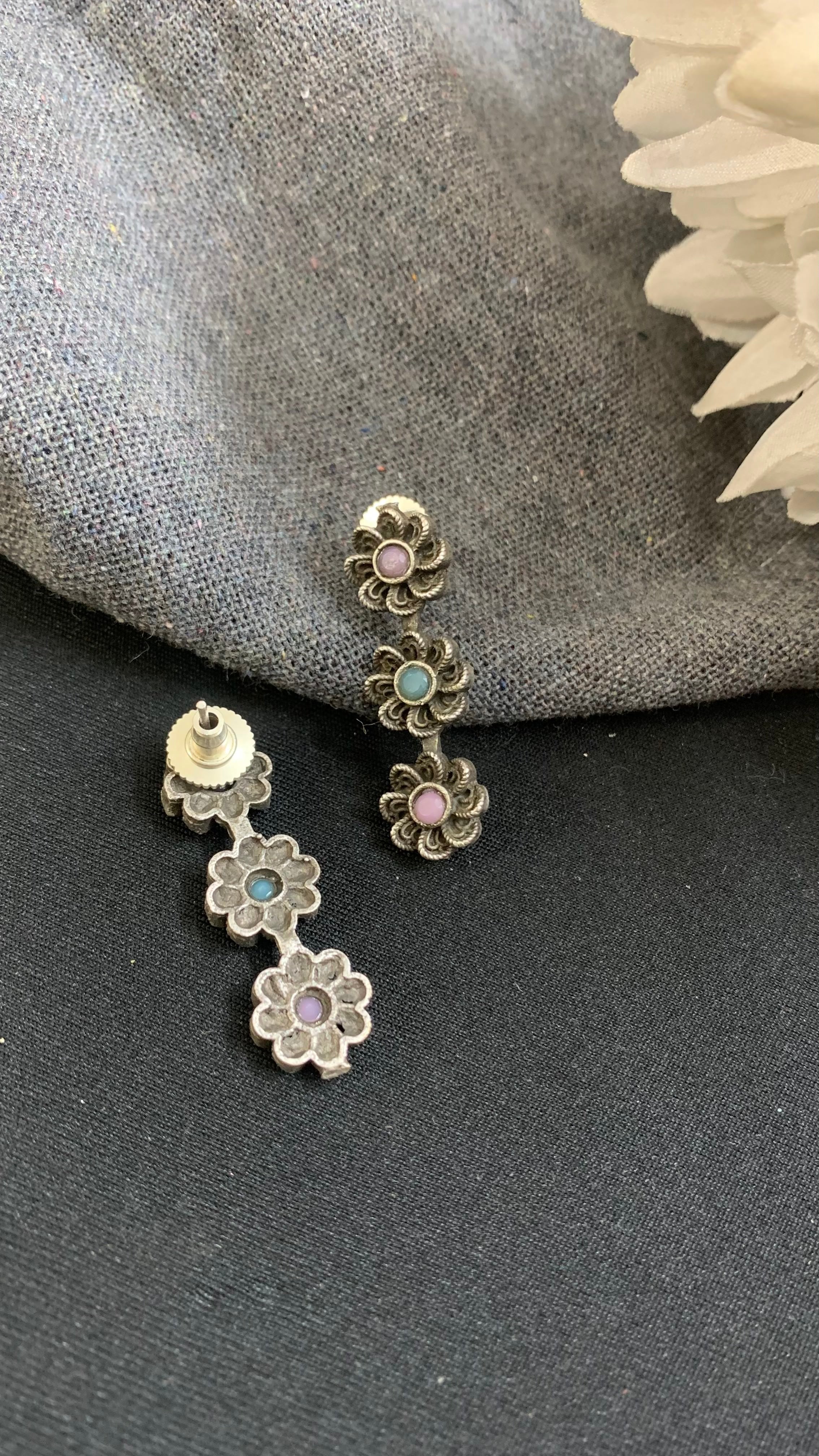 OZEL OXIDISED SILVER  PLATED WITH ROSE QUARTZ AND MINT GREEN STONES STUDDED  EAR DROP EARRINGS