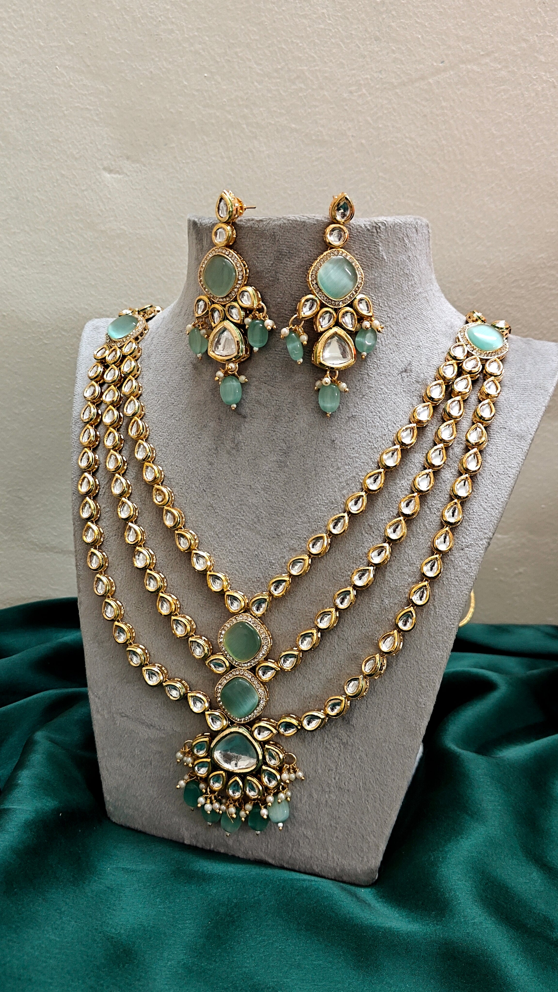 Moissonite Polki With Mint Green Stone Raani Haar Necklace Set