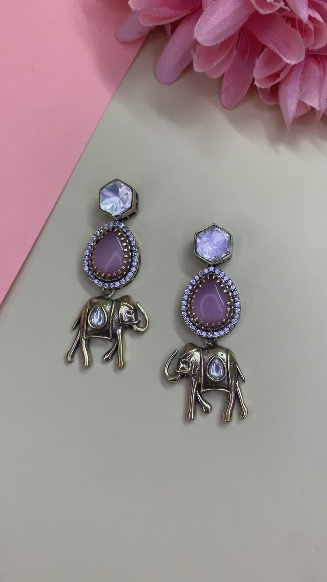 OZEL GOLD AND BLACK PLATED MOISSONITE POLKI WITH ROSE QUARTZ STONE AND ELEPHANT MOTIF DANGLE EARRINGS