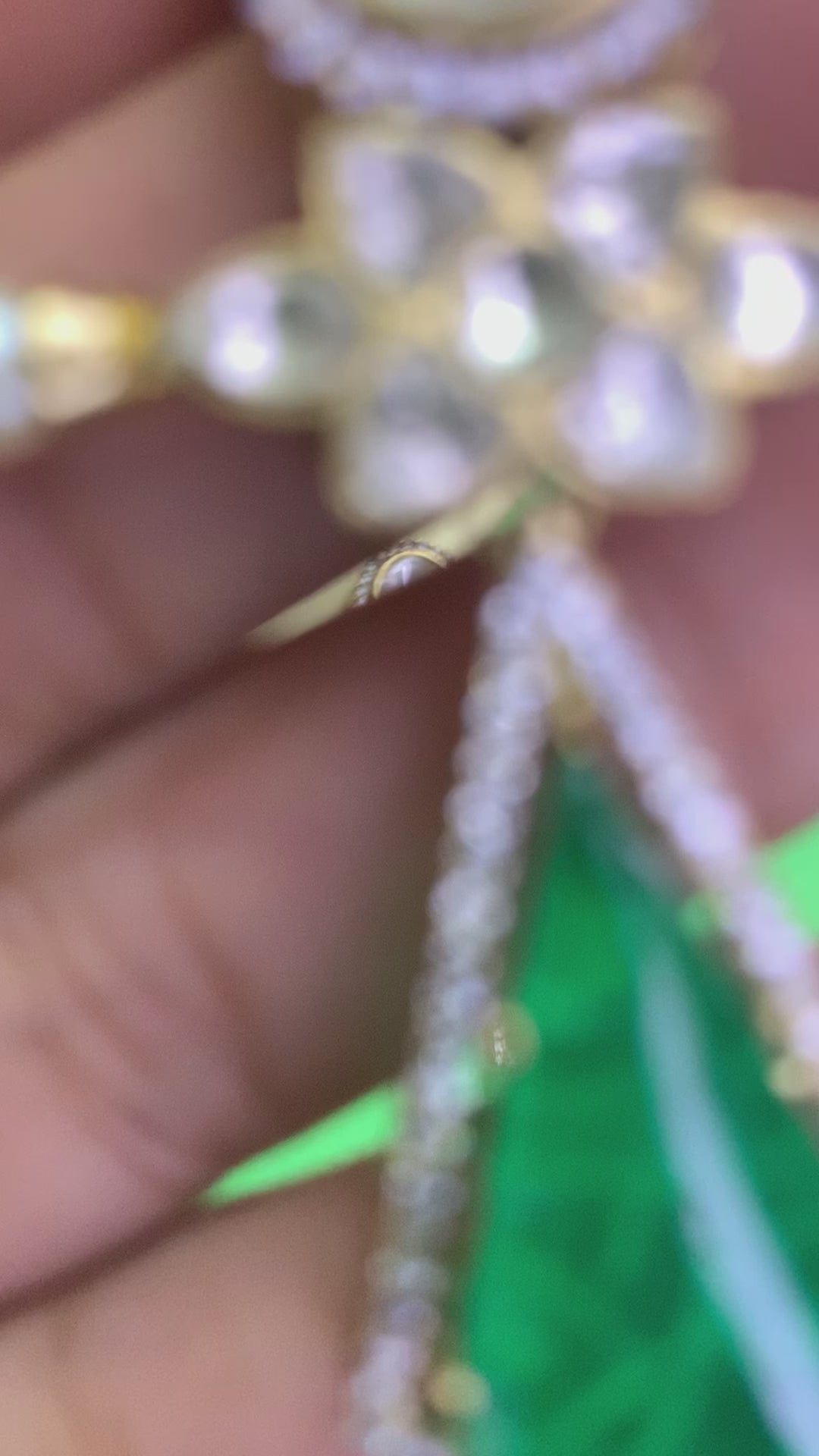 OZEL GOLD PLATED KUNDAN MOISSONITE POLKI AND EMERALD GREEN STONE AND PEARLS EARRINGS