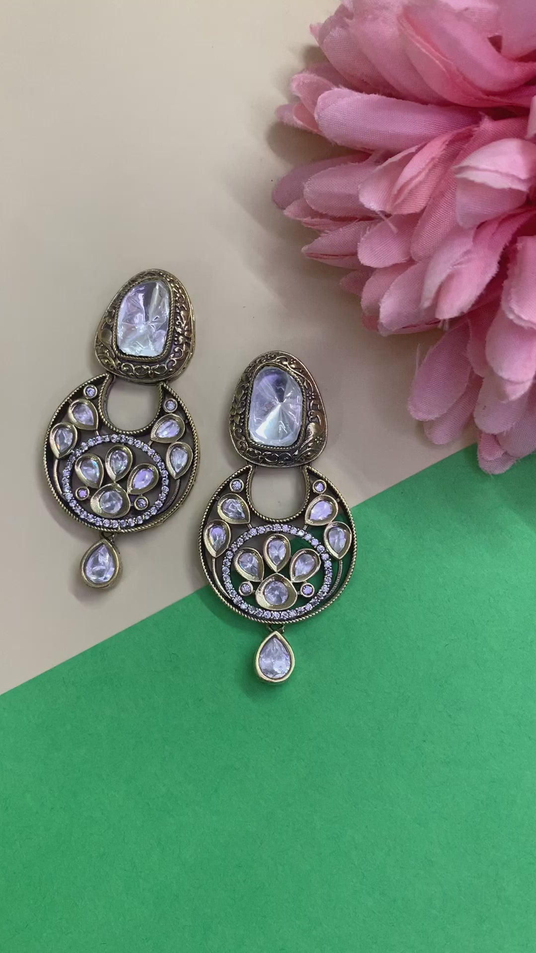 OZEL GOLD AND BLACK PLATED MOISSONITE POLKI DANGLE EARRINGS