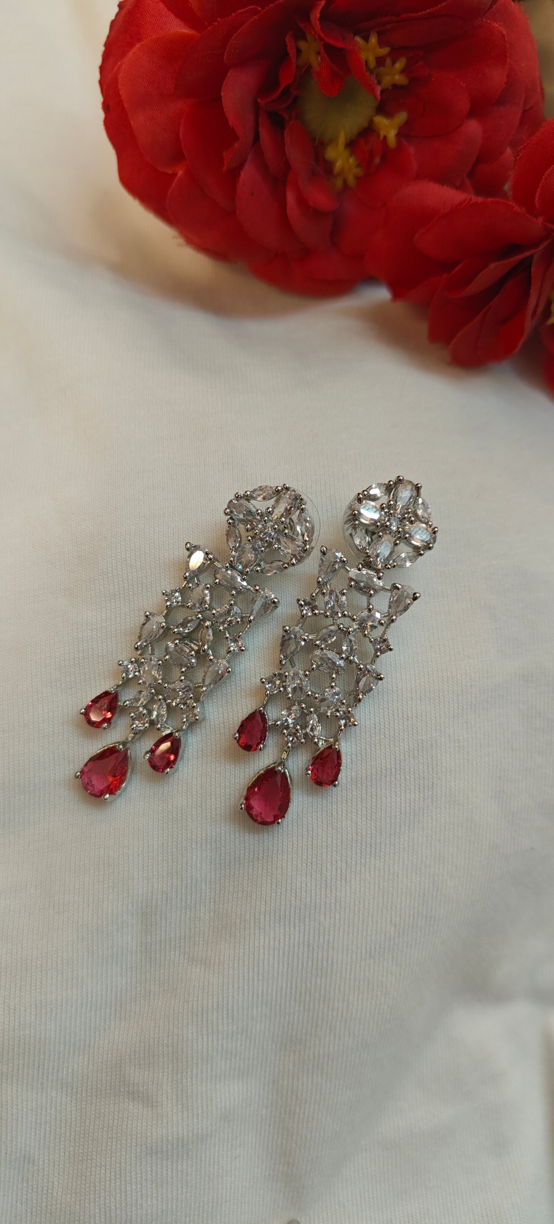 American Diamond Necklace Set With Ruby Stones