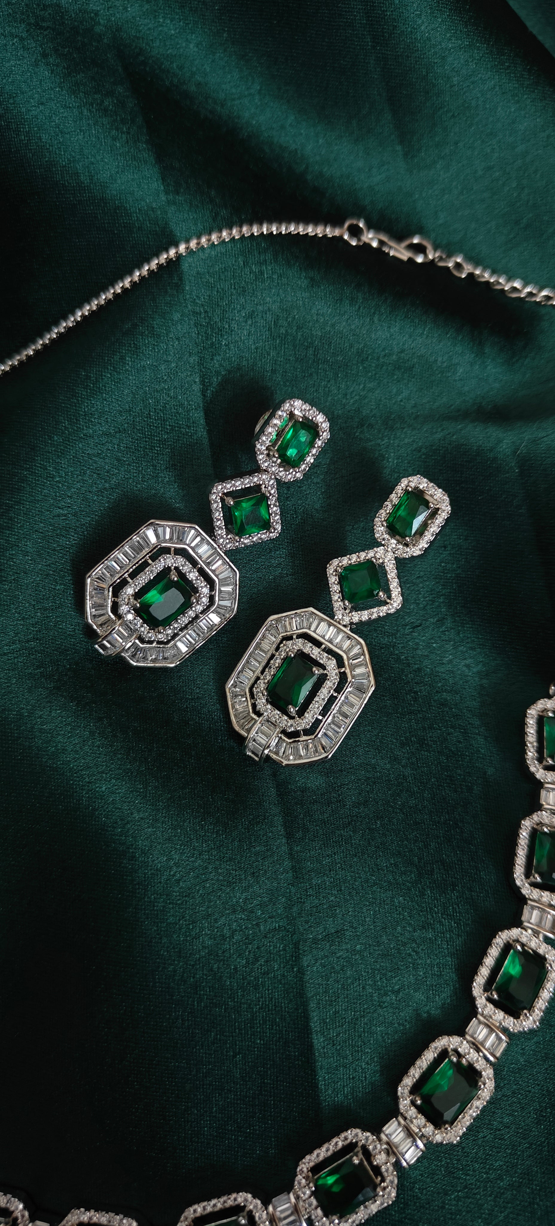 American Diamond with Emerald Green Statement Necklace Set