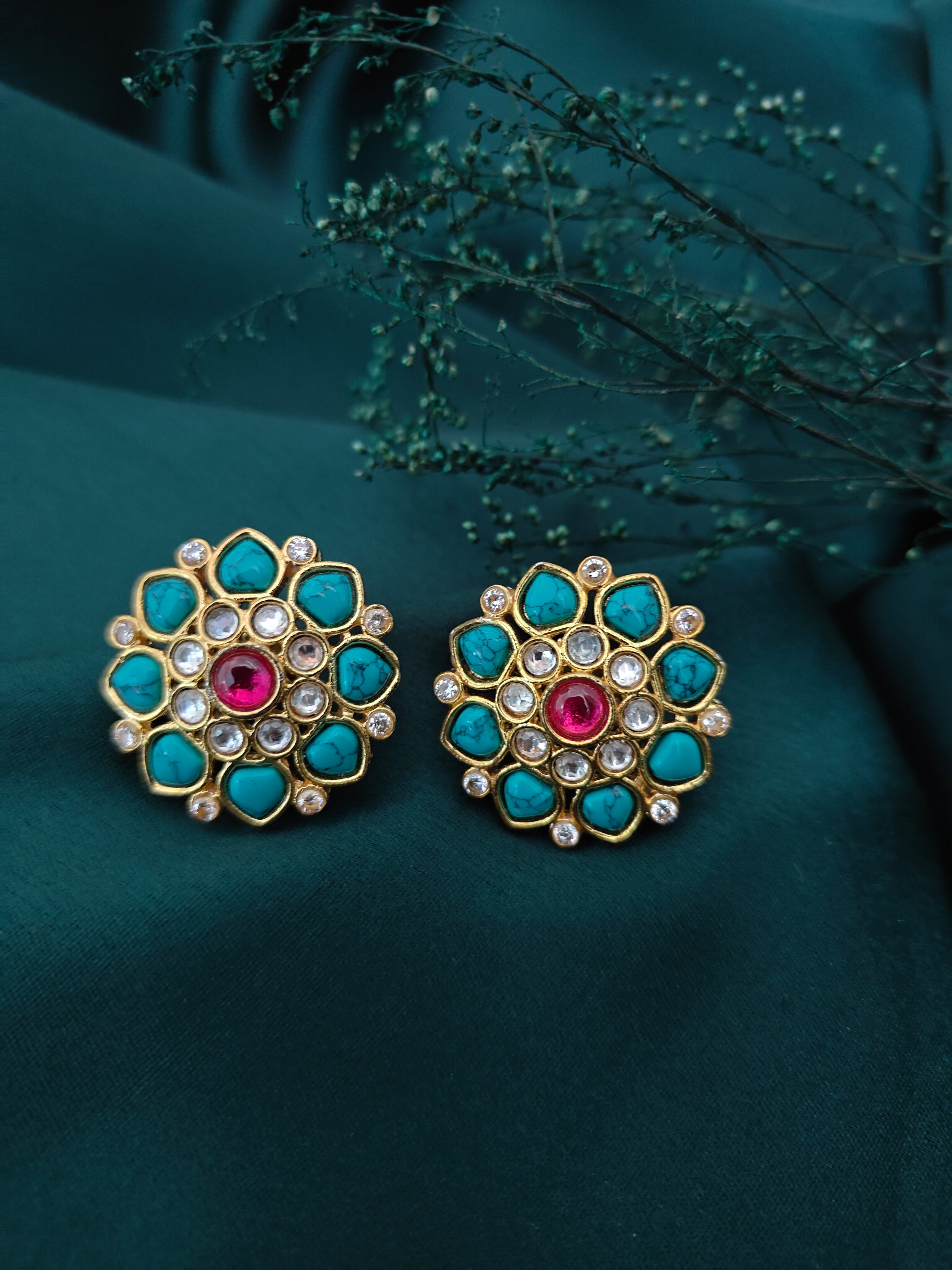 Kundan Polki Ear Studs with Turquoise Stone