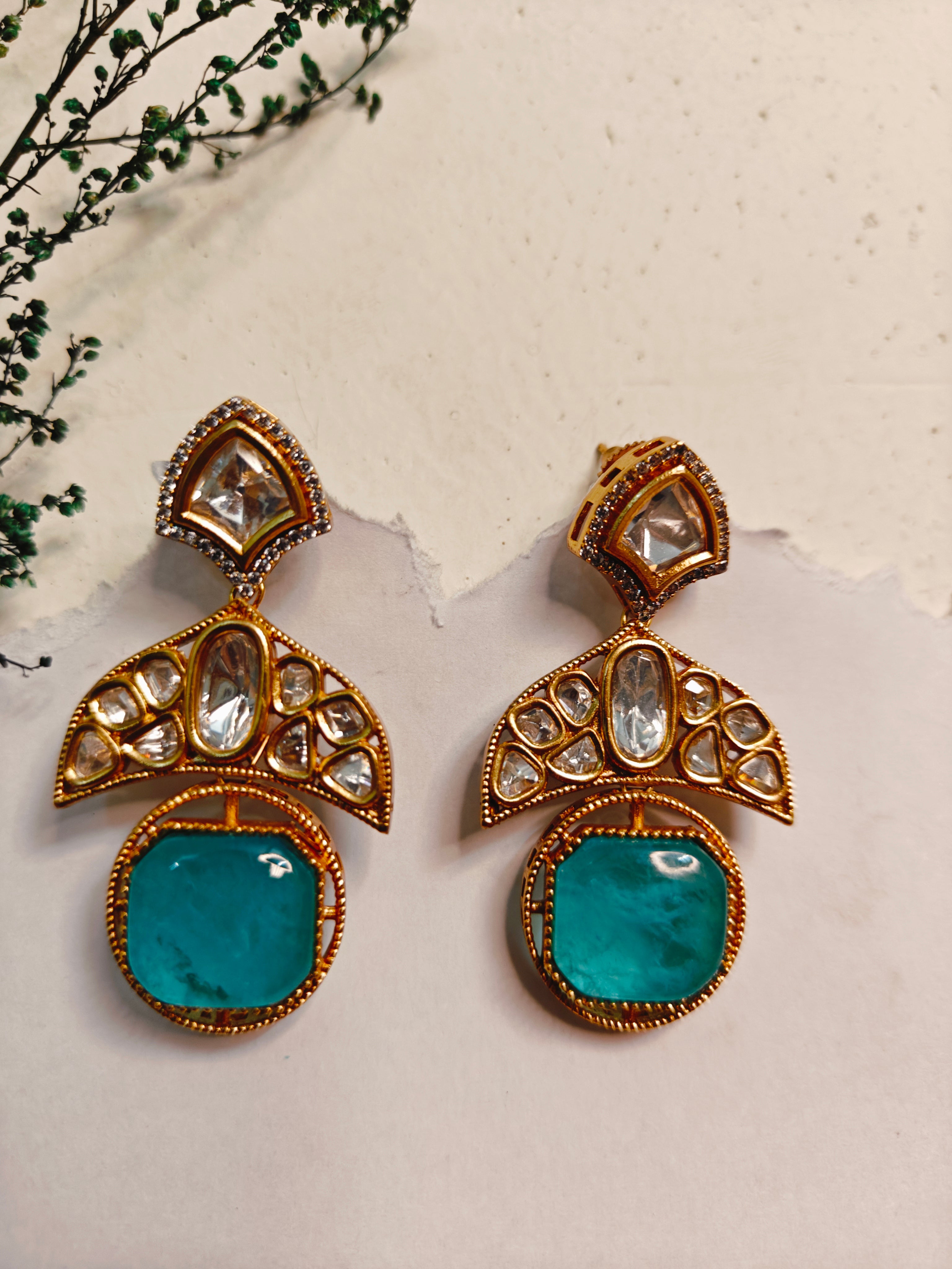 Ozel Kundan and Polki Dangling Earrings with Turquoise Cabachon Stone