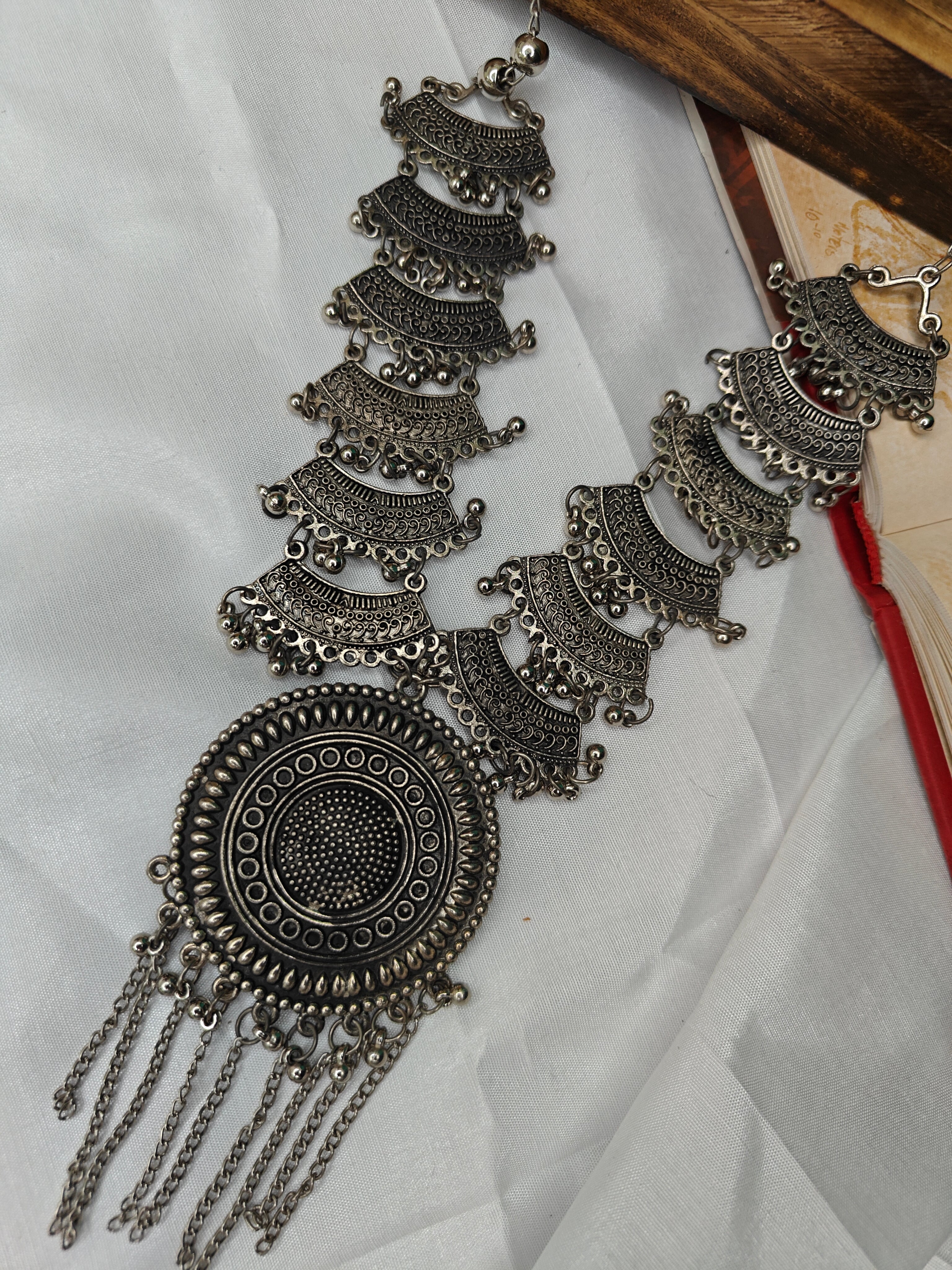 Oxidised Silver Long Necklace Set