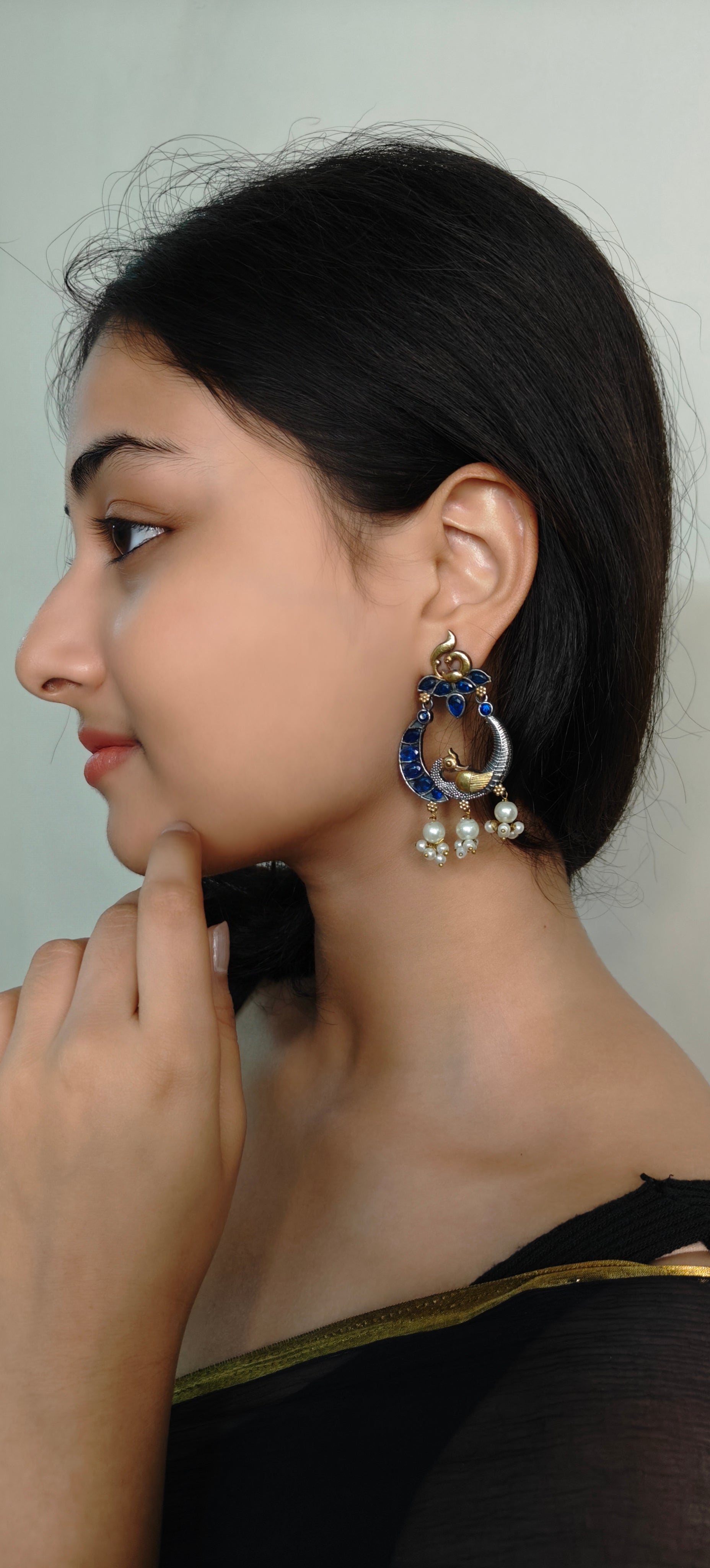 Ozel Peacock Oxidised Silver Plated Earrings