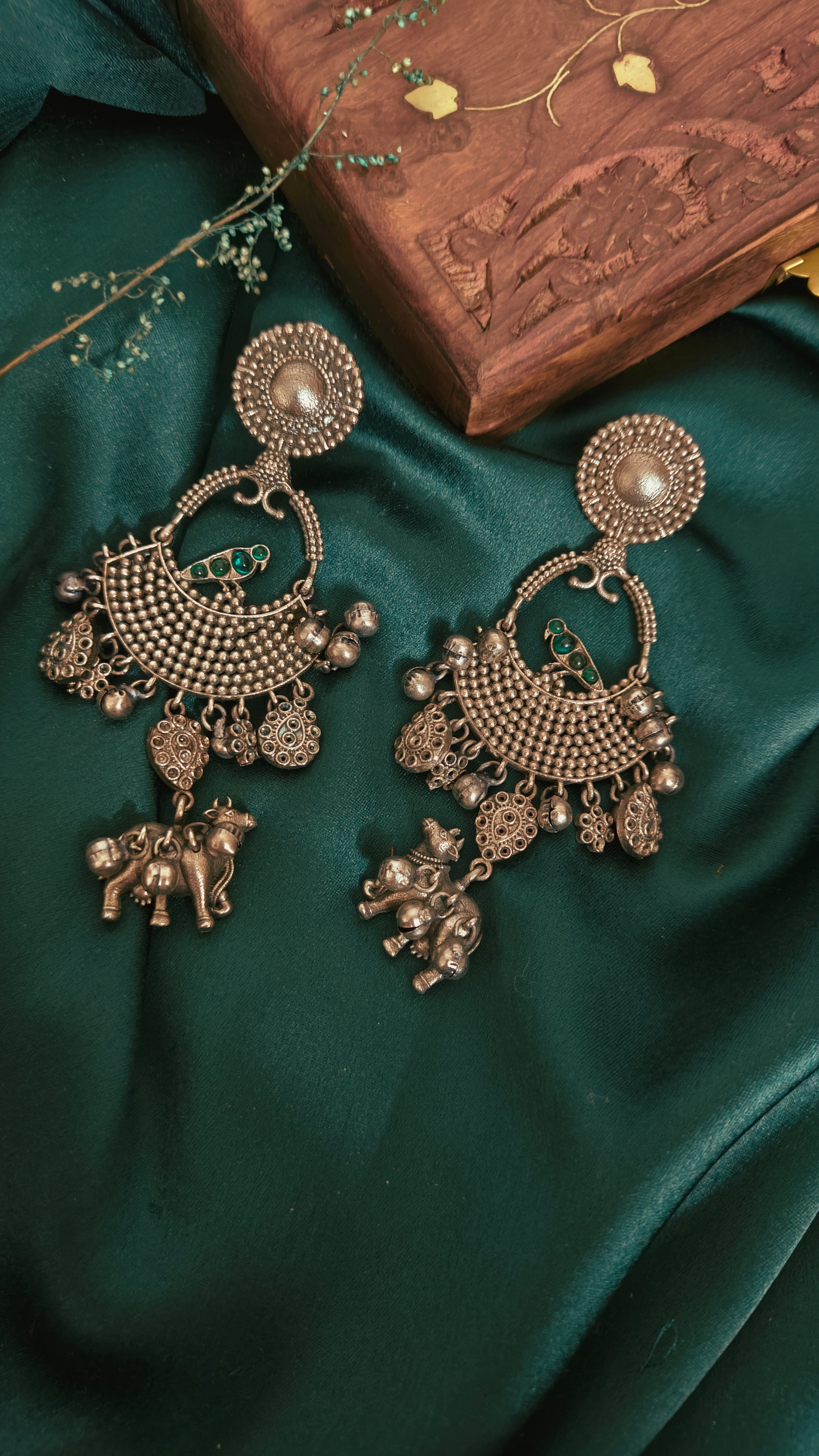 Ozel Oxidised Silver Plated Chandbali Earrings