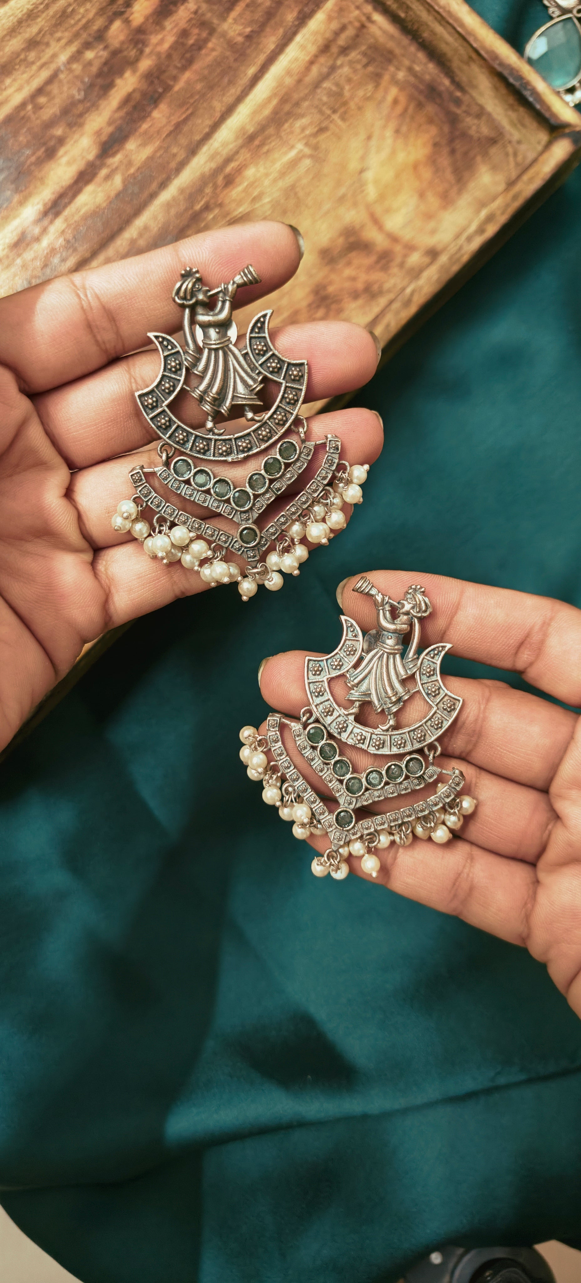 Ozel Oxidised Silver Plated with Mint Green Stone and Pearls Long Earrings