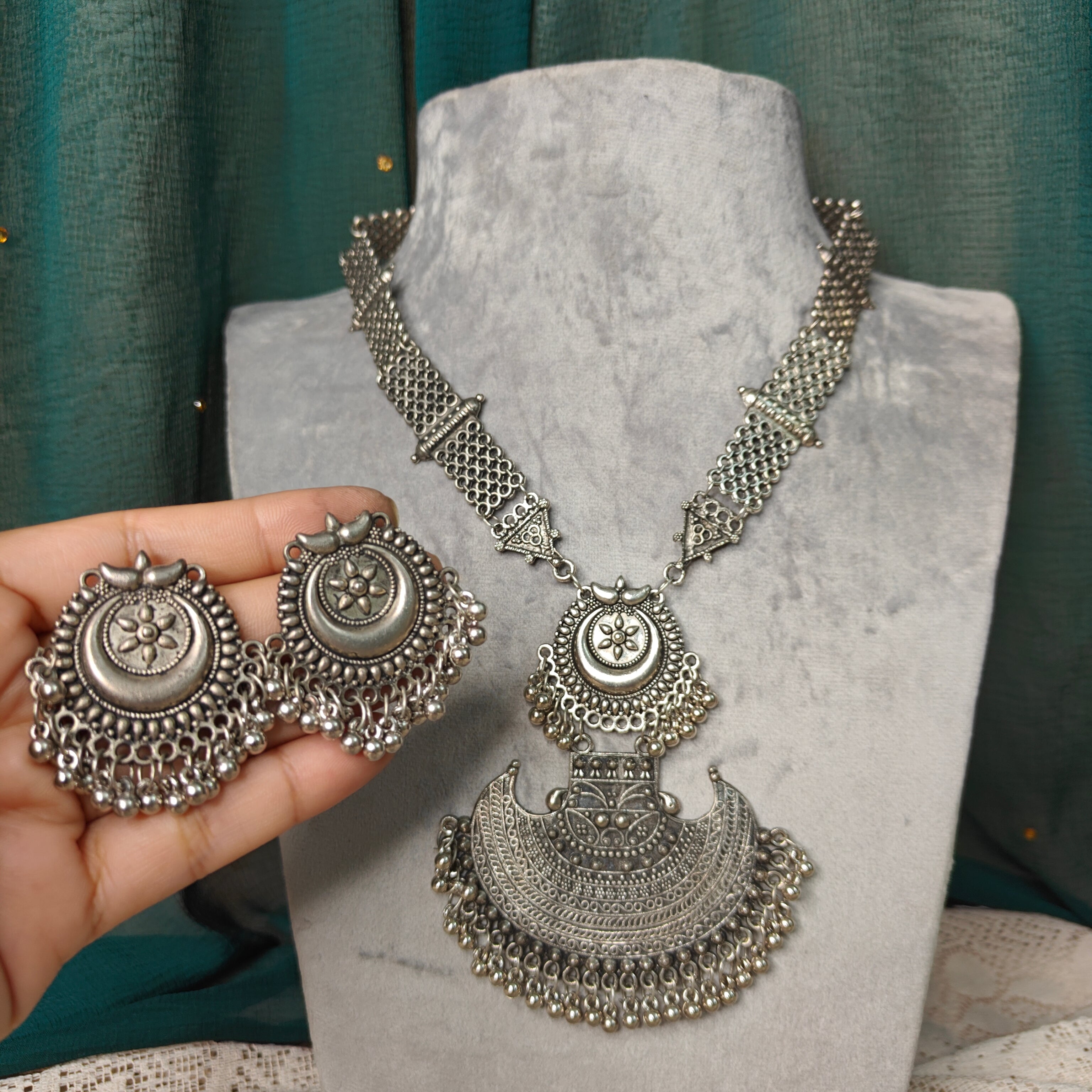 Oxidised Silver Long Necklace Set