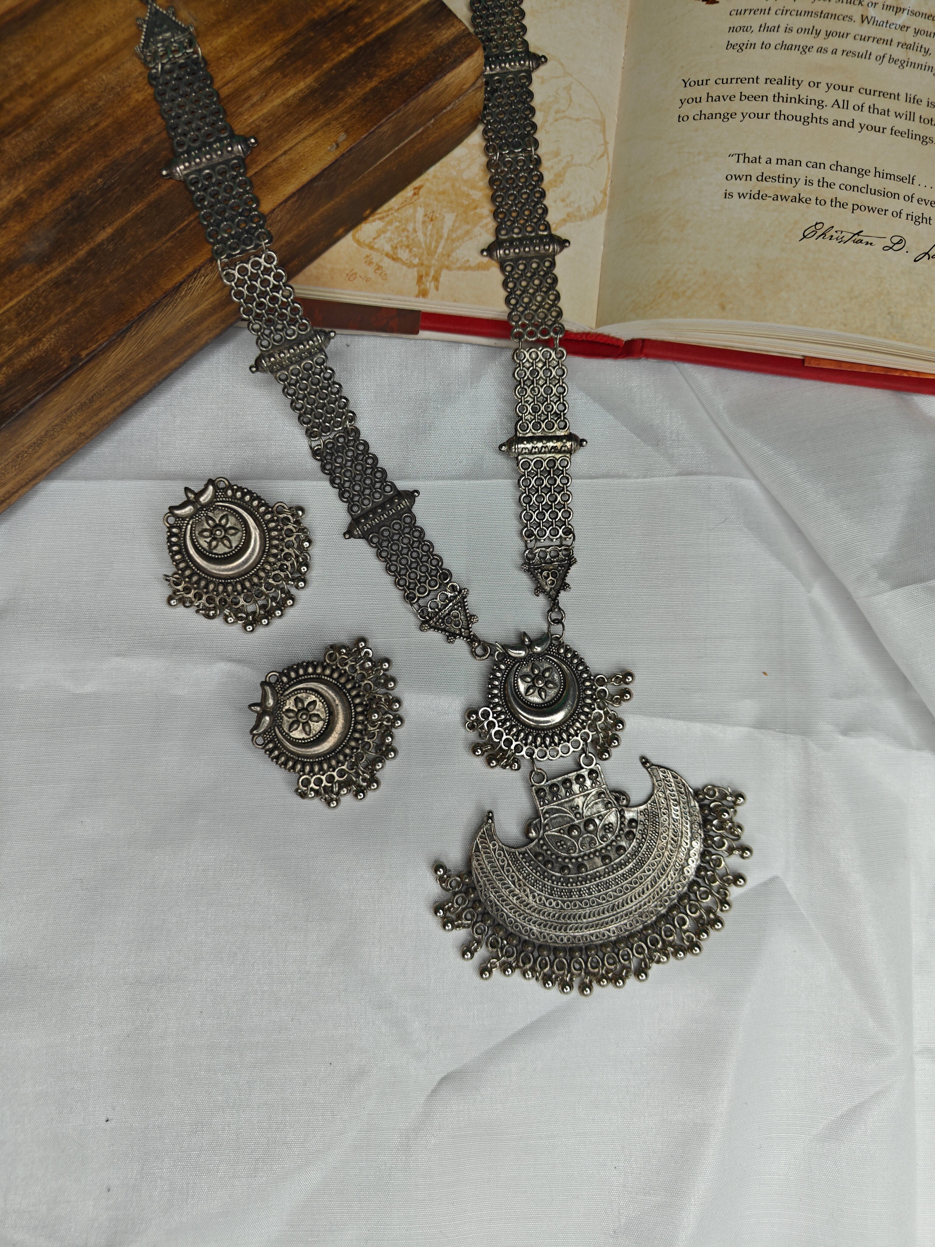 Oxidised Silver Long Necklace Set