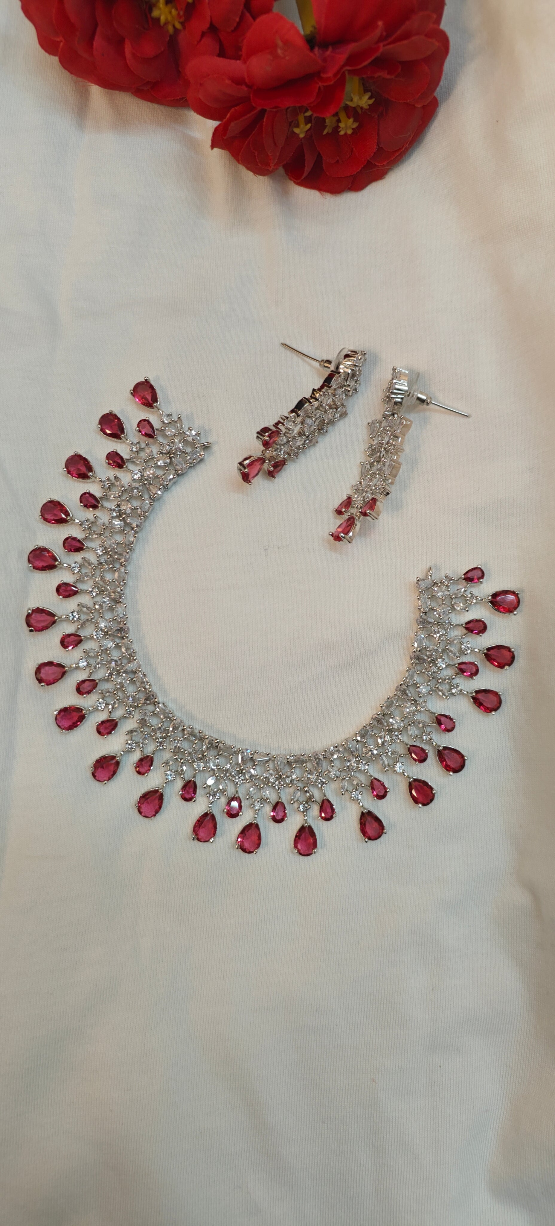 American Diamond Necklace Set With Ruby Stones